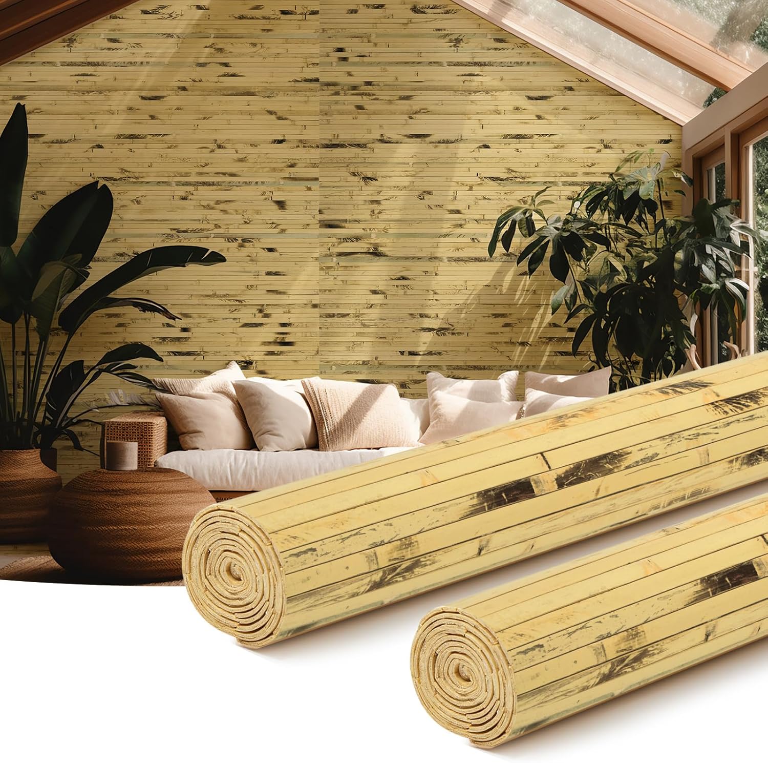 Juexica 2 Pcs Natural Bamboo Wall Panel for Interior Wall 48'' x 96'' Bamboo Covering Renewable Pole Wainscoting Room Divider Decor for Bedroom Living Room Kitchen Island Office (Light Burned) 2 Light Burned