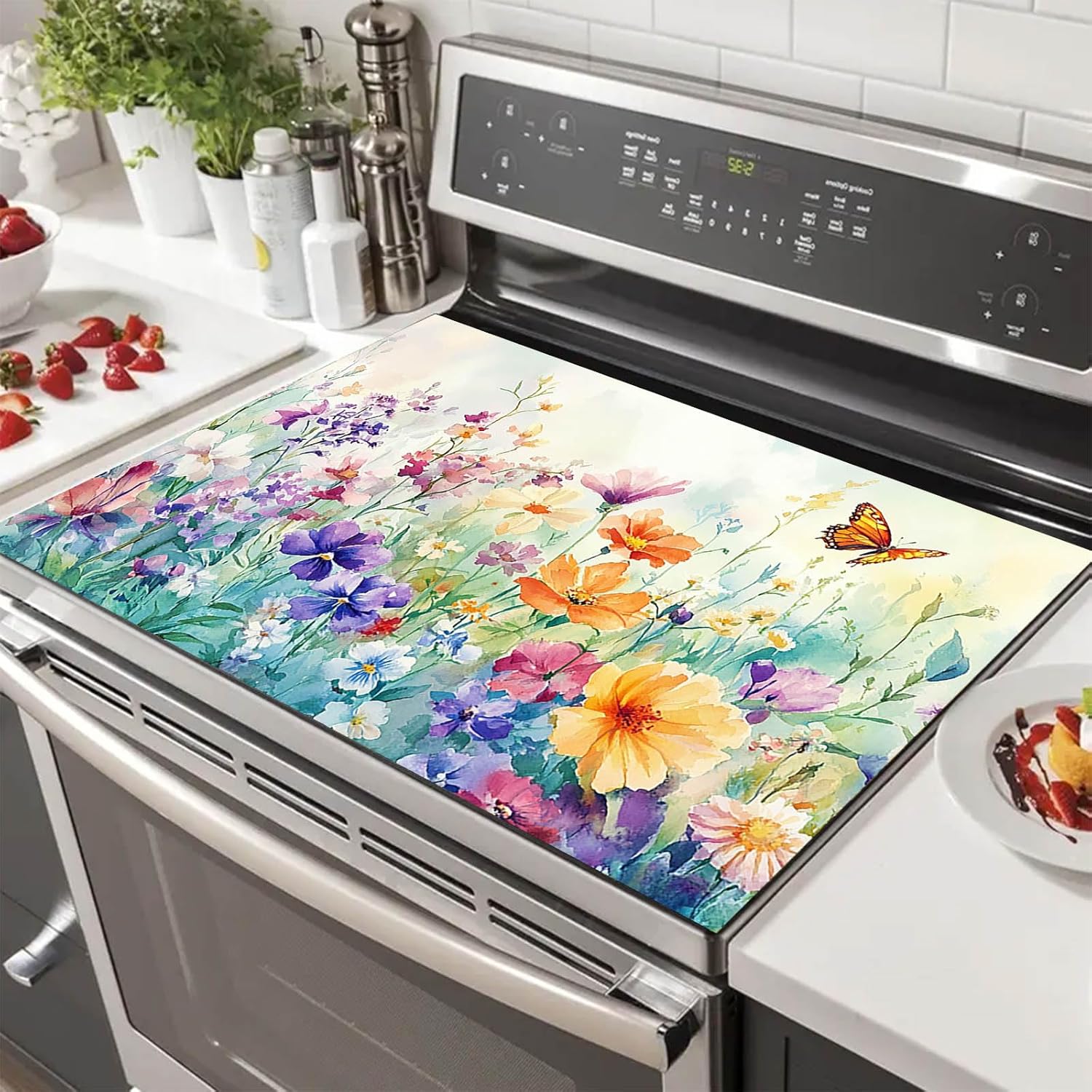 HOMETITUTE Wildflower Stove Top Cover for Electric 28x20 Inch Diatomite Kitchen Decor Glass Cooktop Protector Countertop Heat Resistant Mat with Watercolor Butterfly Floral Design
