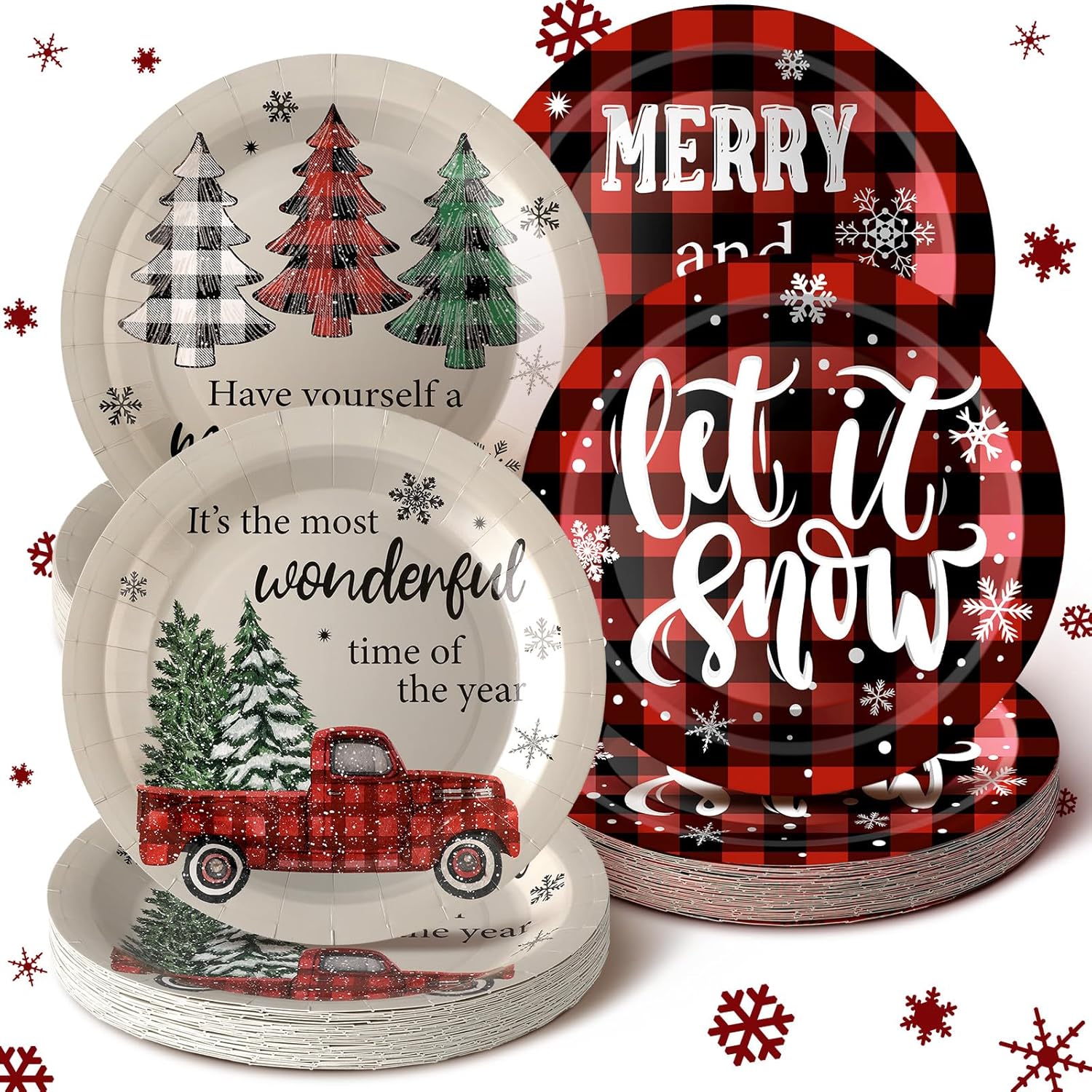 Uiifan 120 Pcs Christmas Disposable Paper Plates Disposable 9'' Winter Holiday Dinner Party Supplies Buffalo Plaid Dessert Plates Christmas Gift Bulk Decoration Set for Xmas Birthday
