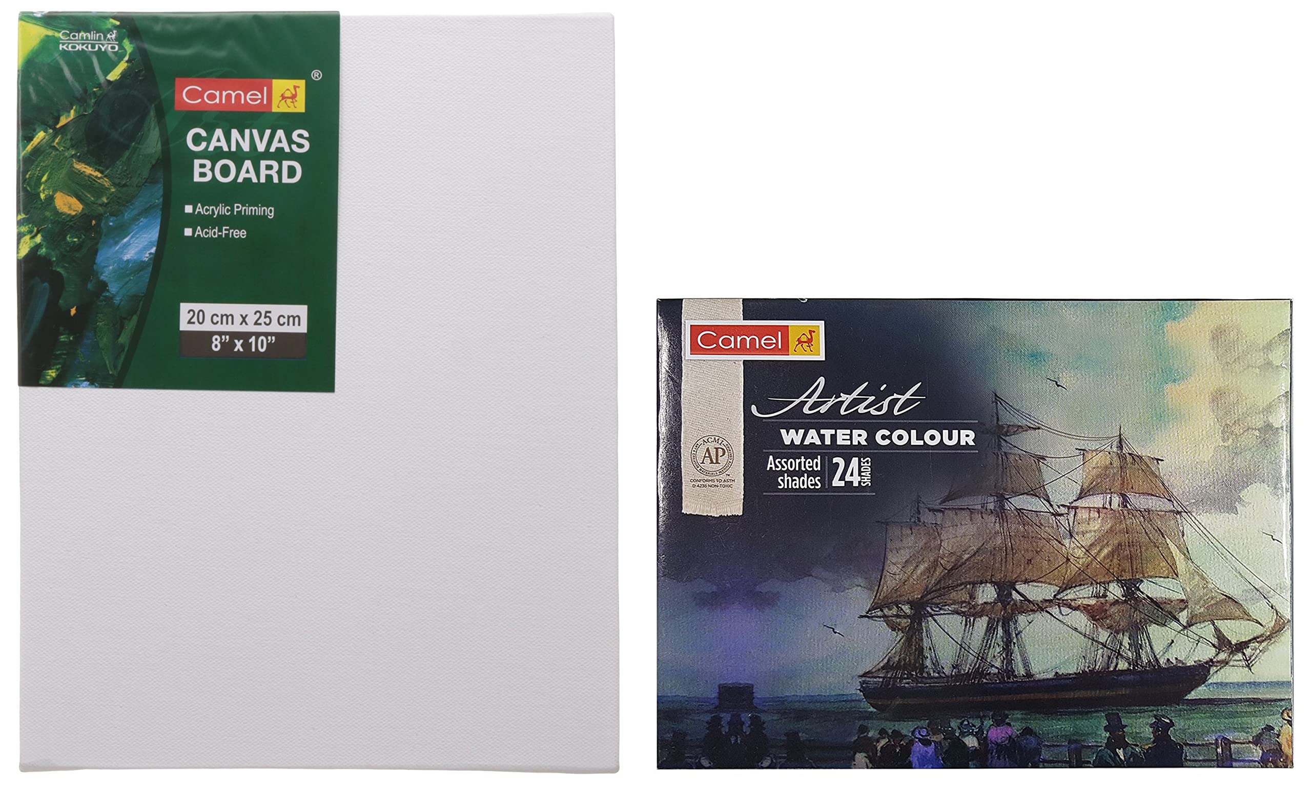 Camlin Kokuyo Artist 5ml Water Color Tube - 24 Shades (Multicolor) & Camel Canvas Board - 20cm x 25cm (B0B946K3TD) Amazon Price History, Amazon Price Tracker