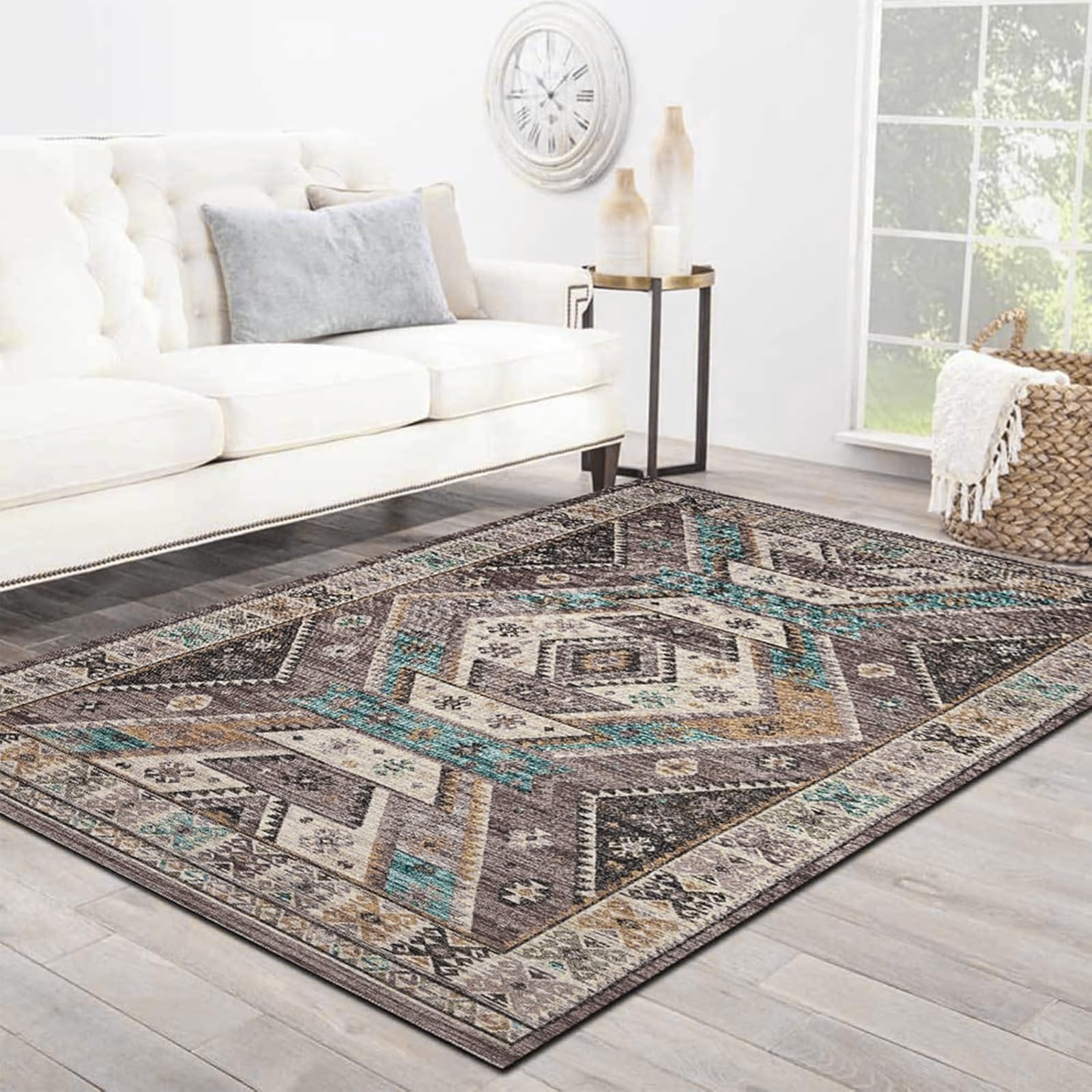Tapis de cuisine extérieur et salon vintage bleu beige marron 120 x 170 cm