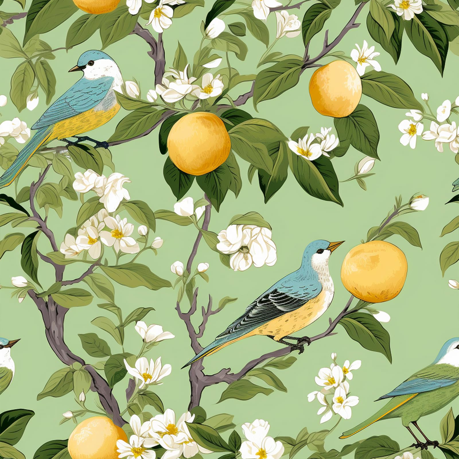 VEELIKE Green Fruit Floral Wallpaper Peel and Stick Vintage Bird Wallpaper for Bedroom Bathroom Kitchen 44.5cm x 300cm Removable Chinoiserie Wall Paper Green Floral Contact Paper for Cabinets Drawers
