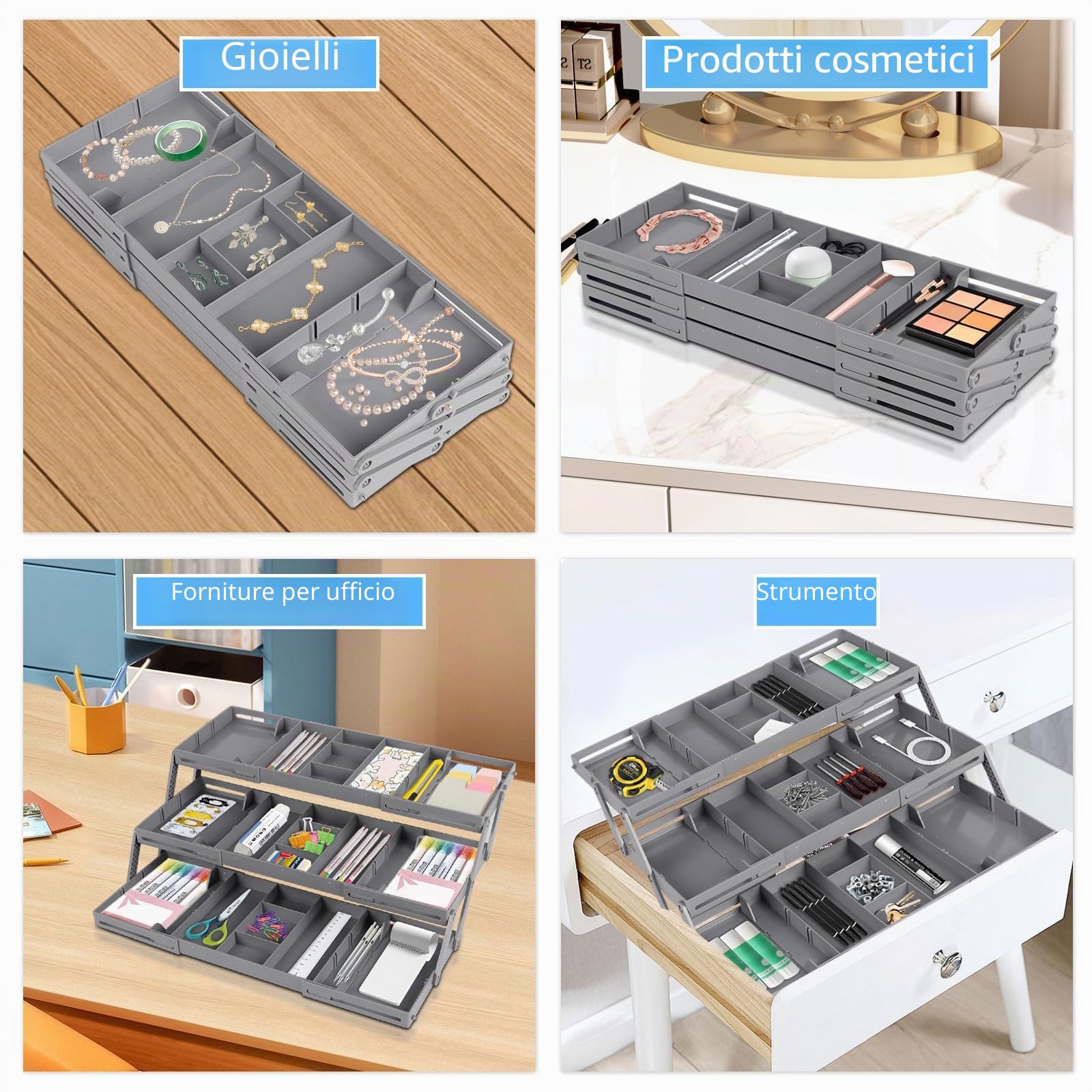 mumisuto Organizer Cassetti Estensibile, Divisorio Plastica con 3 Ripiani, Organizzatore Cassetti Per Trucchi, Organizer Cassetto Estensibile Per Forniture Ufficio, Bagno, Cucina (Singola)