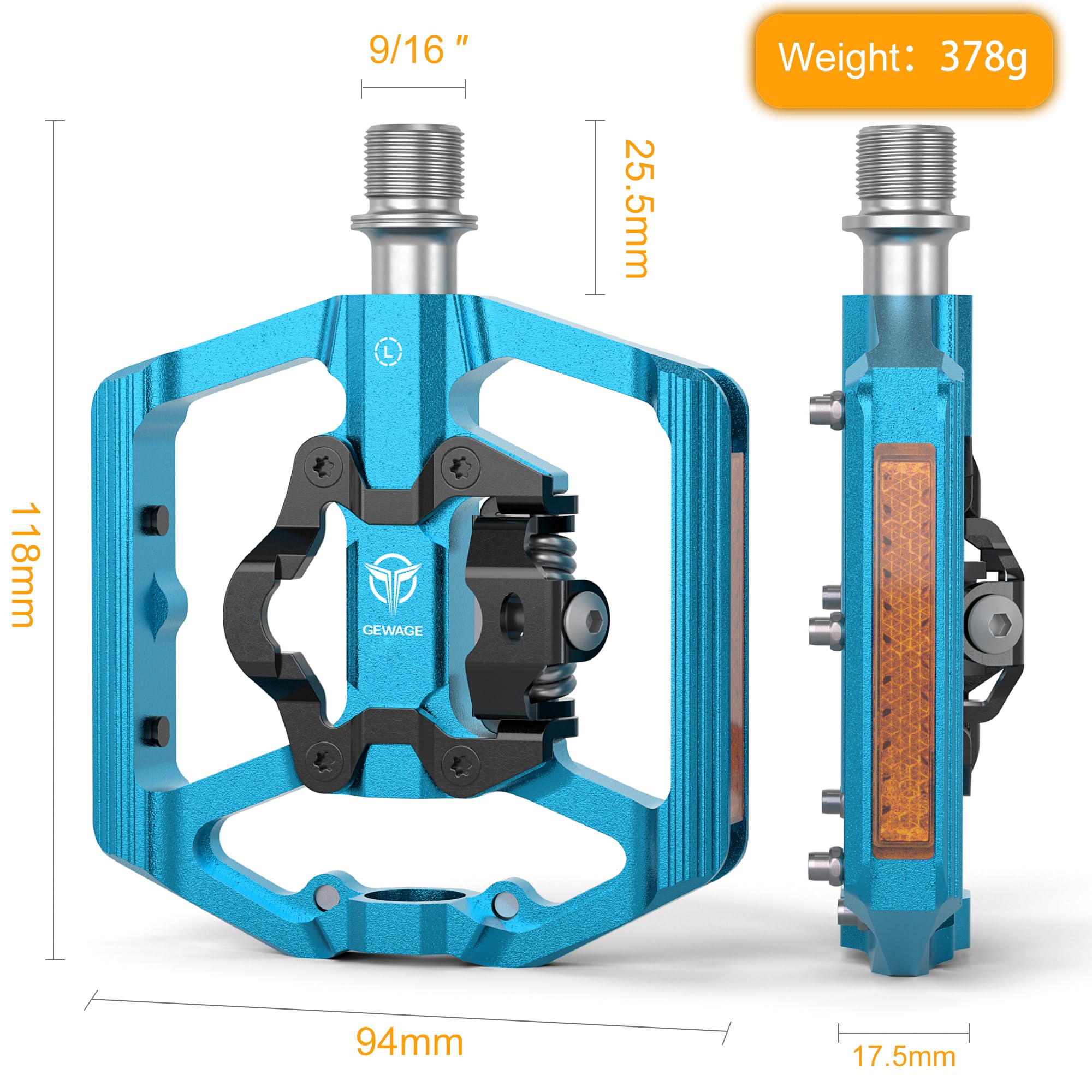 GEWAGE Mountainbike Pedale mit Reflektor – 9/16 Zoll Plattform und Klickpedale kompatibel mit SPD – Fahrradplattform Bergpedale mit 3 abgedichteten Lagern Sport & Freizeit
