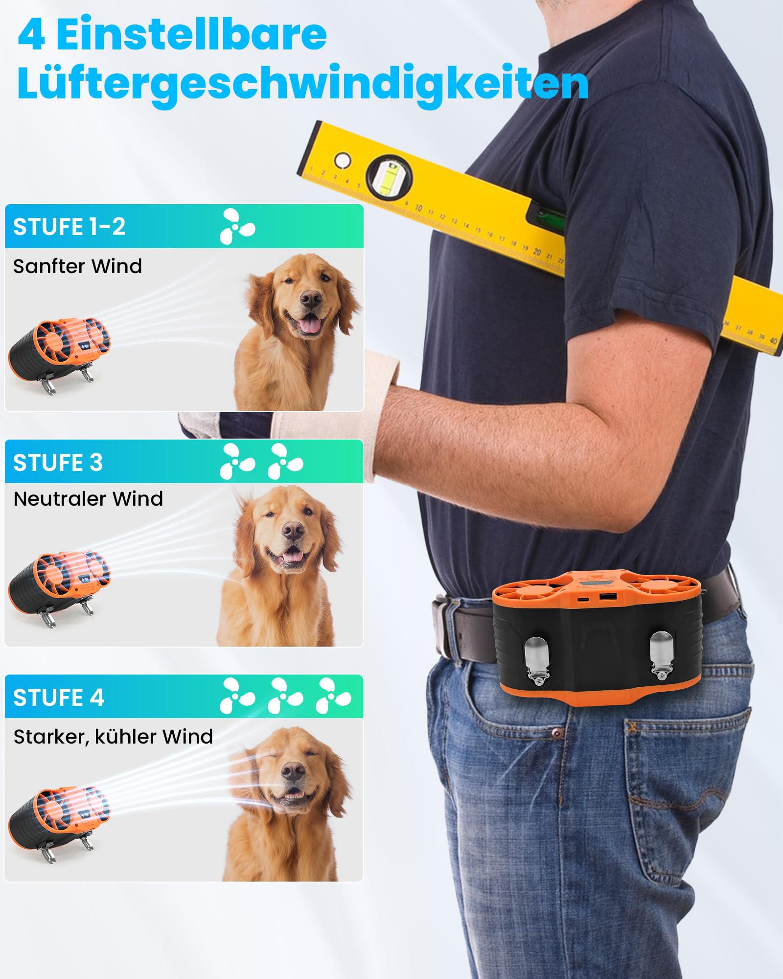 FERNIDA Taillen Clip Ventilator, Tragbarer 20000mAh T-shirt Ventilator mit 4 Geschwindigkeit, Waist Clip Fan für Bauarbeiter, Gärtner, Outdoor, Reisen, Arbeit und Camping