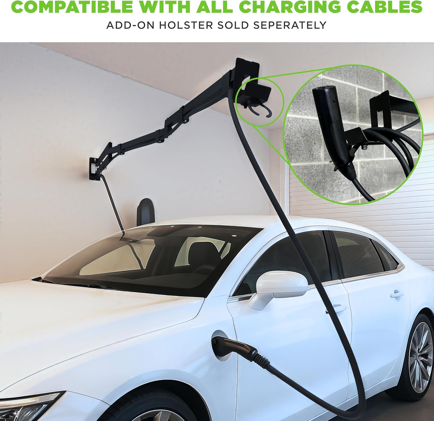 EV Charging Cable Holder - Extendable Arm Wall Mount for Electric Vehicle Charging Equipment - EV Charging Cable Organizer - EV Cable Holder - Made in USA - Black - 9-1/4' - No Holster