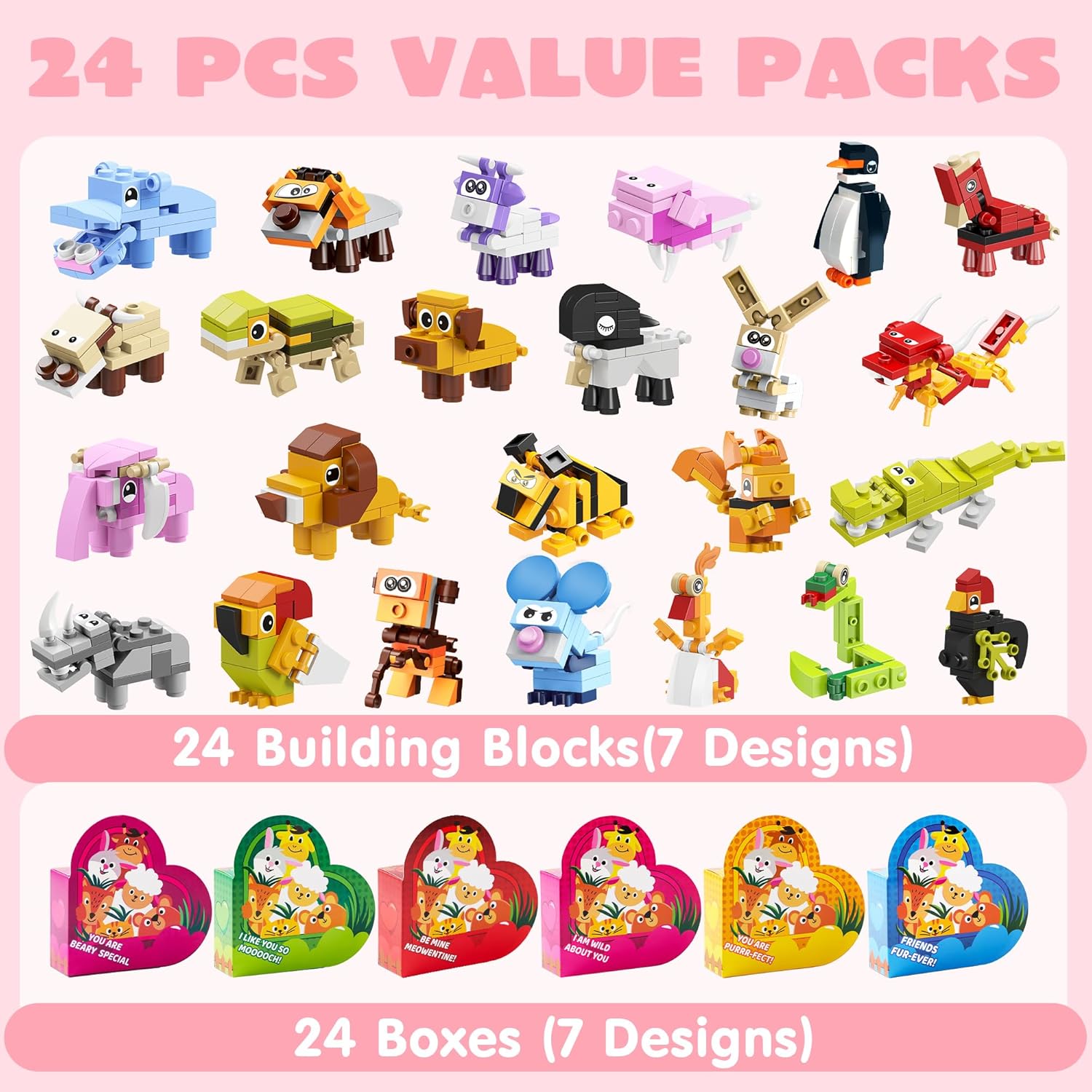 JOYIN 24 Packs Valentines Animal Building Blocks with Hearts Party Favors for Kids Valentine Classroom Prize, Classroom Gift Exchange School Rewards