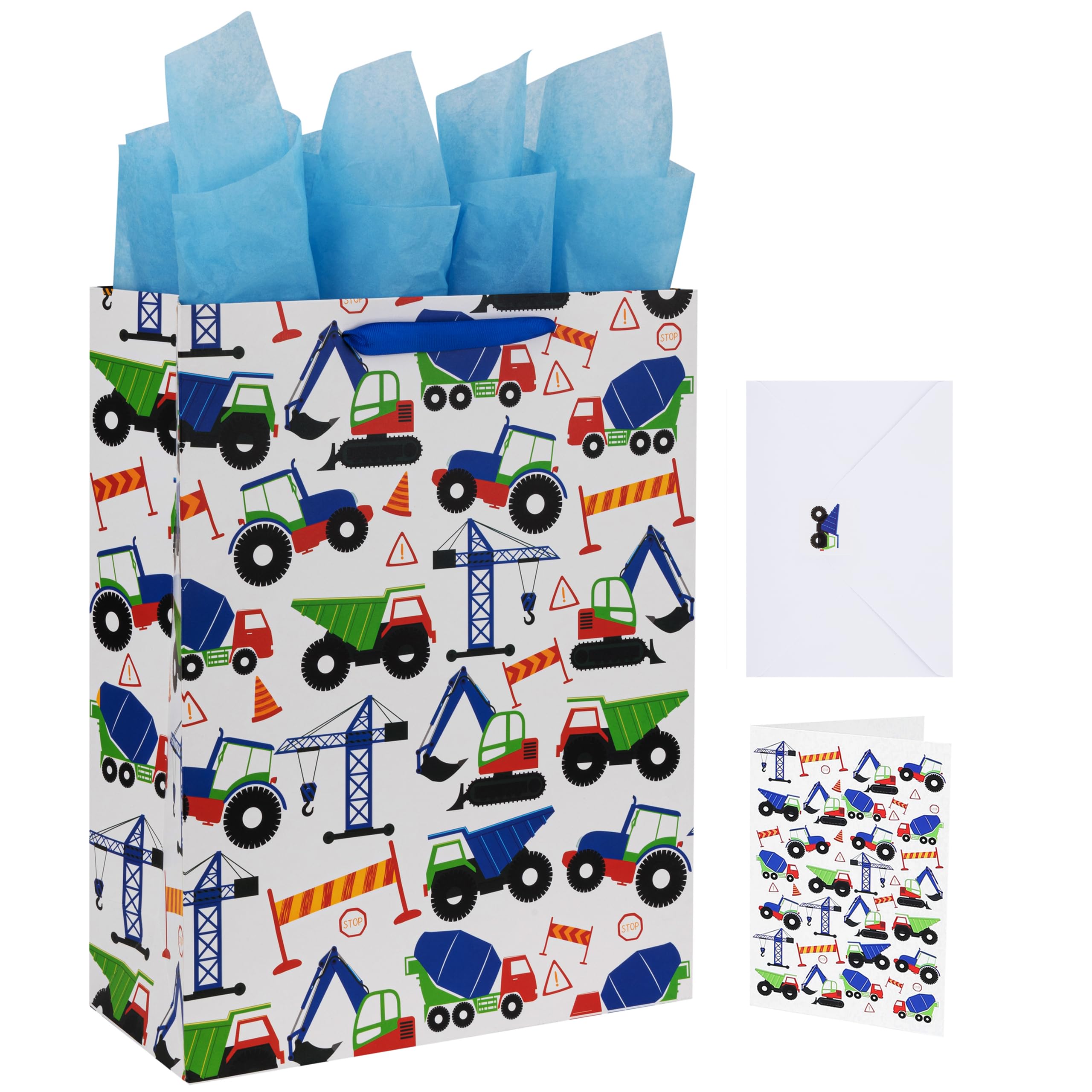 16.5" Extra Large Vehicle-themed Gift Bags Set with Greeting Card and Tissue Paper (Blue Car Design) for Boys, Kids Birthday Party, Baby boy, Baby Shower, Newborn, New Moms or Parents -10.2”x5.2”x13”,