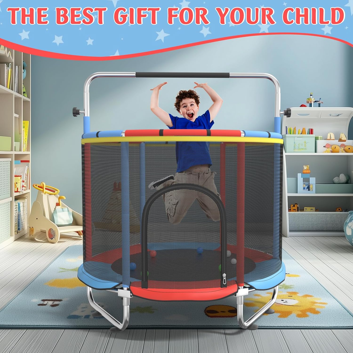 Trampoline for Kids, 55" Indoor & Outdoor Toddler Trampoline, Anti-Rollover Bottom Kids Toys with Adjustable Gymnastics Bars, Toddler Swing, Basketball Hoop