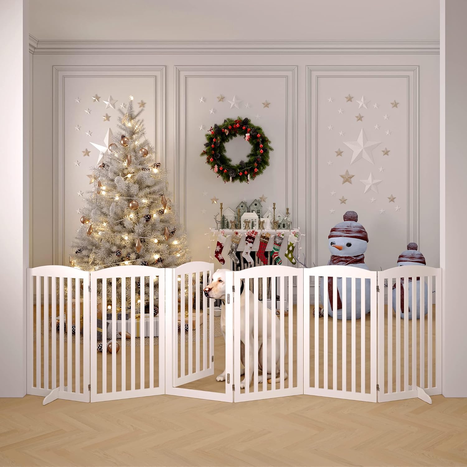 BHG No-Assembly Freestanding Dog Gate with Door, Extended Wide 120" Tall 36" Wooden Pet Gate, Accordion Folding Playpen Fence, 2PCS Support Feet Included - White 6 Panels with Door White