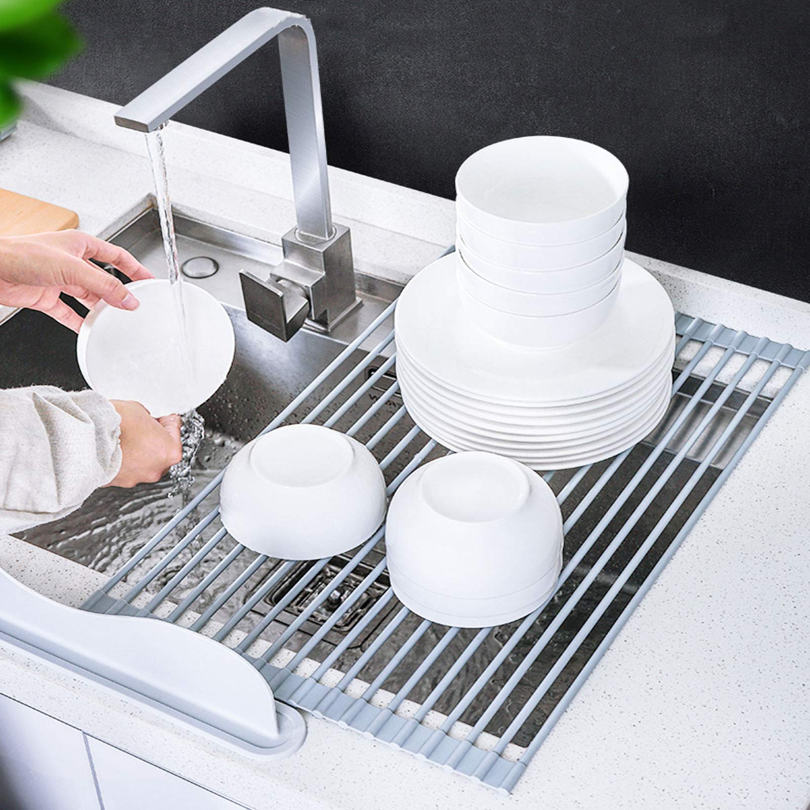 DAMAI Rejilla para secar Platos sobre el Fregadero Enrollable de Acero Inoxidable Revestido de Silicona Rejilla para escurrir Platos de Cocina Plegable Multiusos
