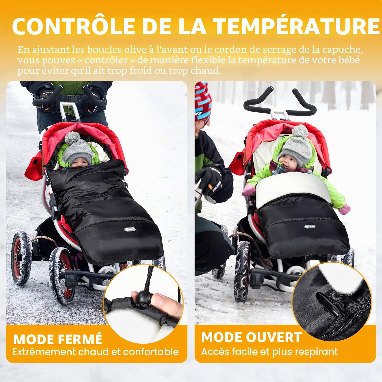 Ivywind Hiver Chanceliere Bebe Poussette, Chanceliere Universelle pour Poussette avec Design à Cordon, Imperméable Chancelière Poussette, Détachable, Accès Facile, Stockage Inclus, Chaud, Noir & Blan