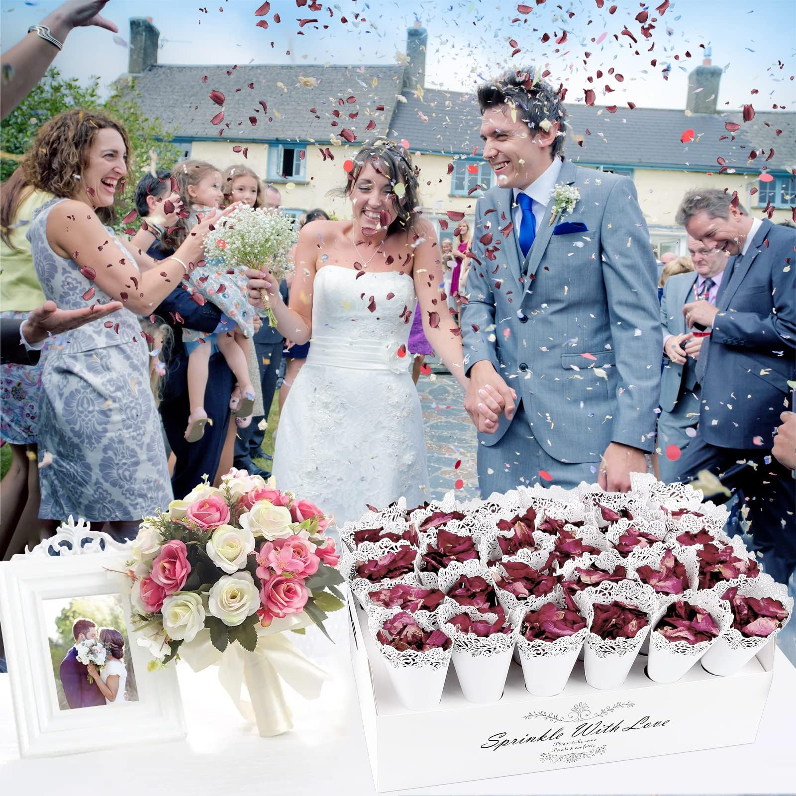 Mbsomnus 30 Piezas Conos Arroz Boda 150 Gram Petalos de Rosa Degradable 30 Agujeros Soporte Confeti para Decoracion cumpleaños, Mesas, Fotografía, Decoracion Boda (Estilos florales)