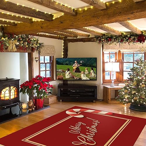 Miniatura 10 de HONGXIU Alfombras rojas de Navidad, 6 x 8 pies, árbol de Navidad y logotipo de copo de nieve, alfombras de área de Navidad para sala de estar,