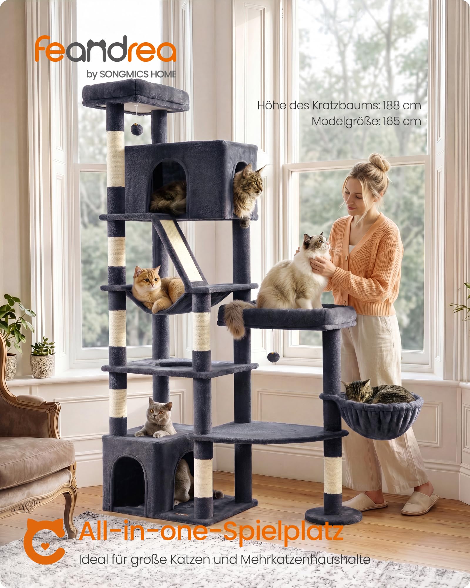 Feandrea Kratzbaum groß, 188 cm hoch, Katzenbaum für Große Katzen, mit 7 Sisalstämmen, 1 Kratzbrett, Doppelhöhle, große Plattform, für Mehrere Katzen, Dunkelgrau, Clawfy Kollektion PCT016G201