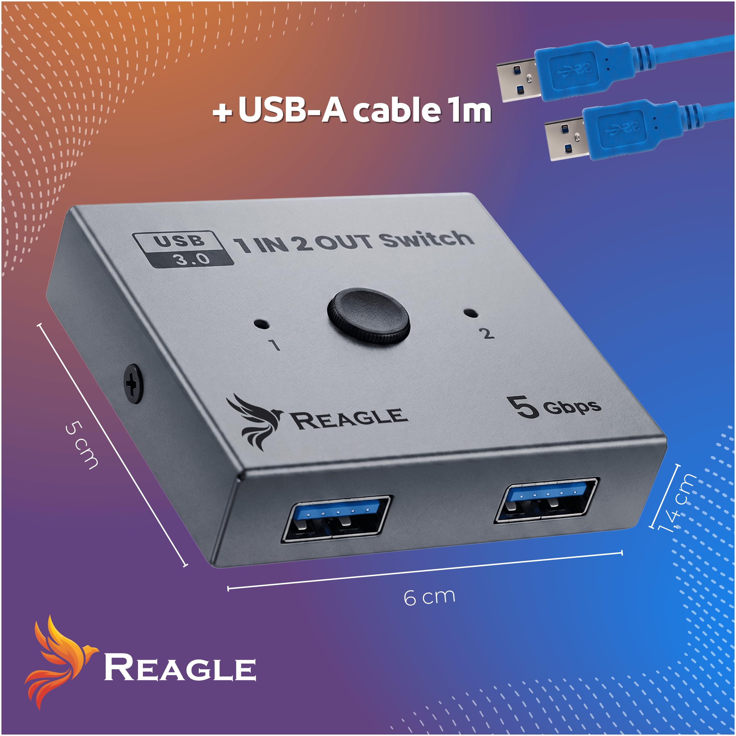 Reagle Switch USB 3.0 1x2 / 2x1, Dwukierunkowy Przełącznik USB A 5Gbps, 3 Porty USB 3.2 Gen 1, Plug & Play Aluminium do Klawiatury Myszy Drukarki Dysku USB PC Mac Linux