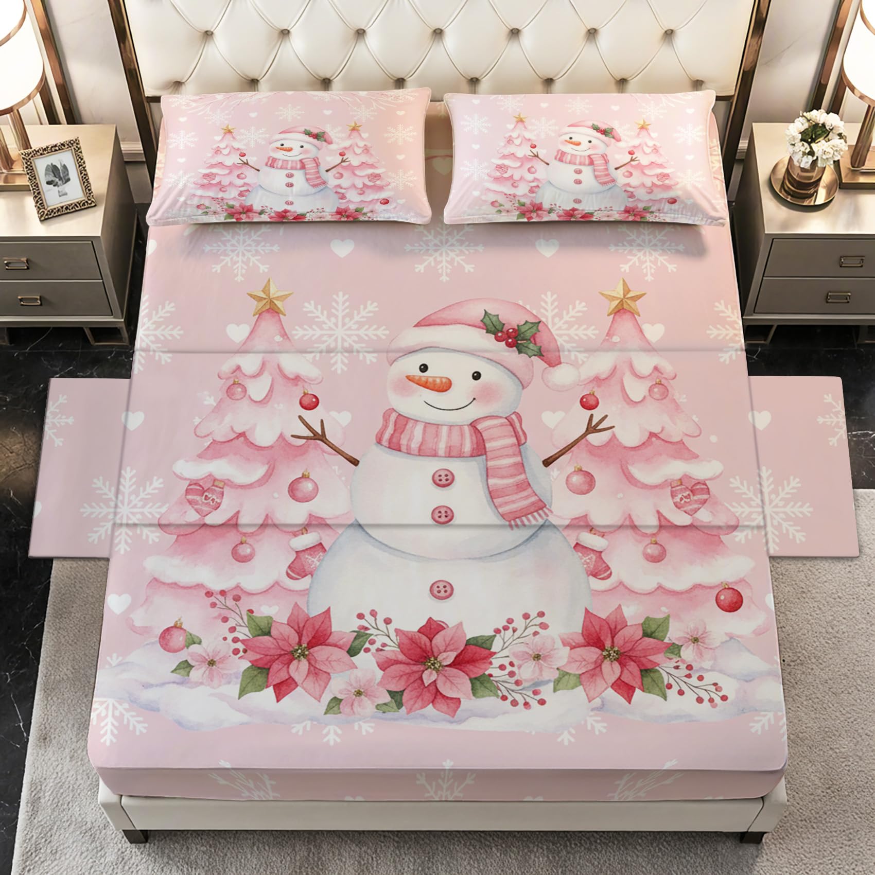 Snowman Sheets Queen Size - Pink Christmas Girls Winter Bed Sheet Set - Deep Pocket Soft Microfiber Bedding Set 4 Piece - Fitted Flat Sheet Pillowcases - Snowman Bedroom Decor & Gifts