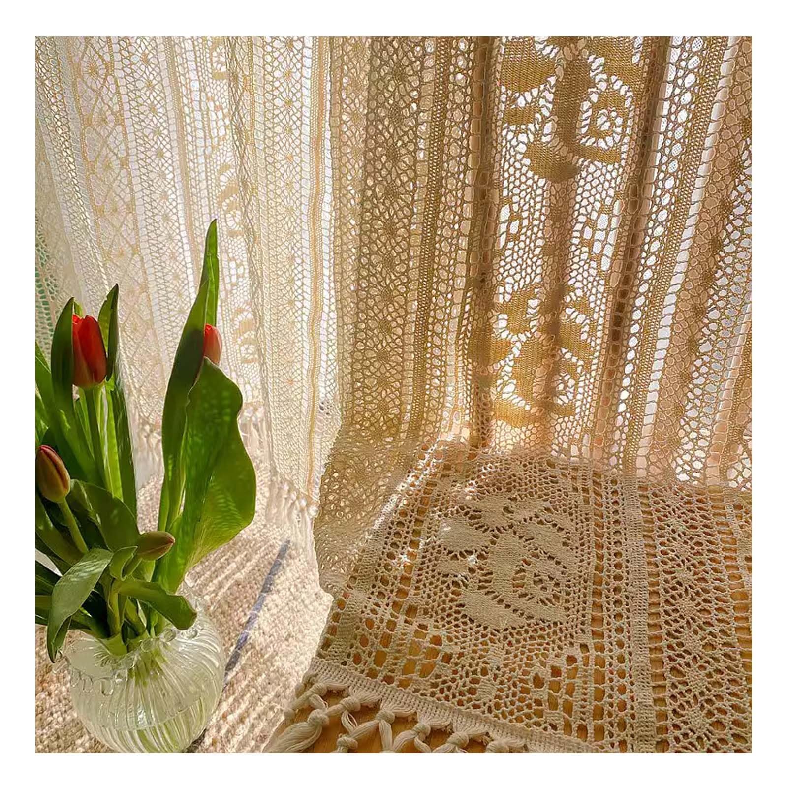 Rideau Au Crochet Boho Chic avec Glands, Rideau en Dentelle Brodée Florale de Ferme pour Chambre à Coucher et Salon, 1 Panneau