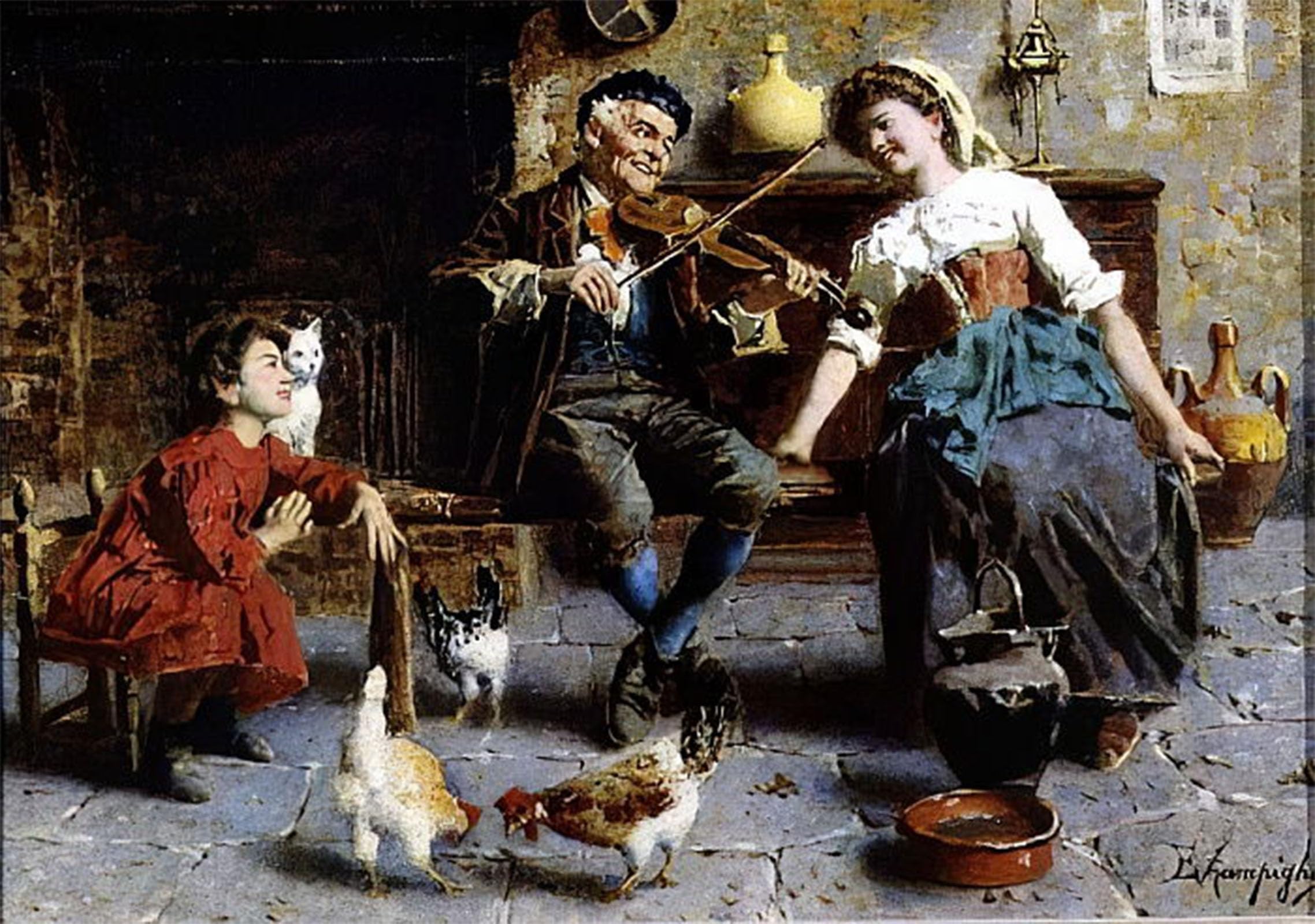 ARTXLXXBN Famous Painting Art Wall Decor Abstract Art Picture Old Man Playing the Fiddle by Eugenio Zampighi Animal Pictures for Home Decor 60x90cm