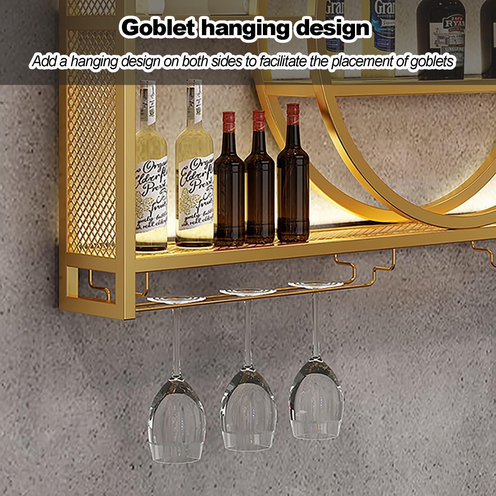 Metalowy stojak na wino montowany na ścianie z oświetleniem LED, nowoczesna półka ekspozycyjna na butelki z alkoholem z uchwytem na kieliszki do wina, pływające półki barowe, do domowego ba