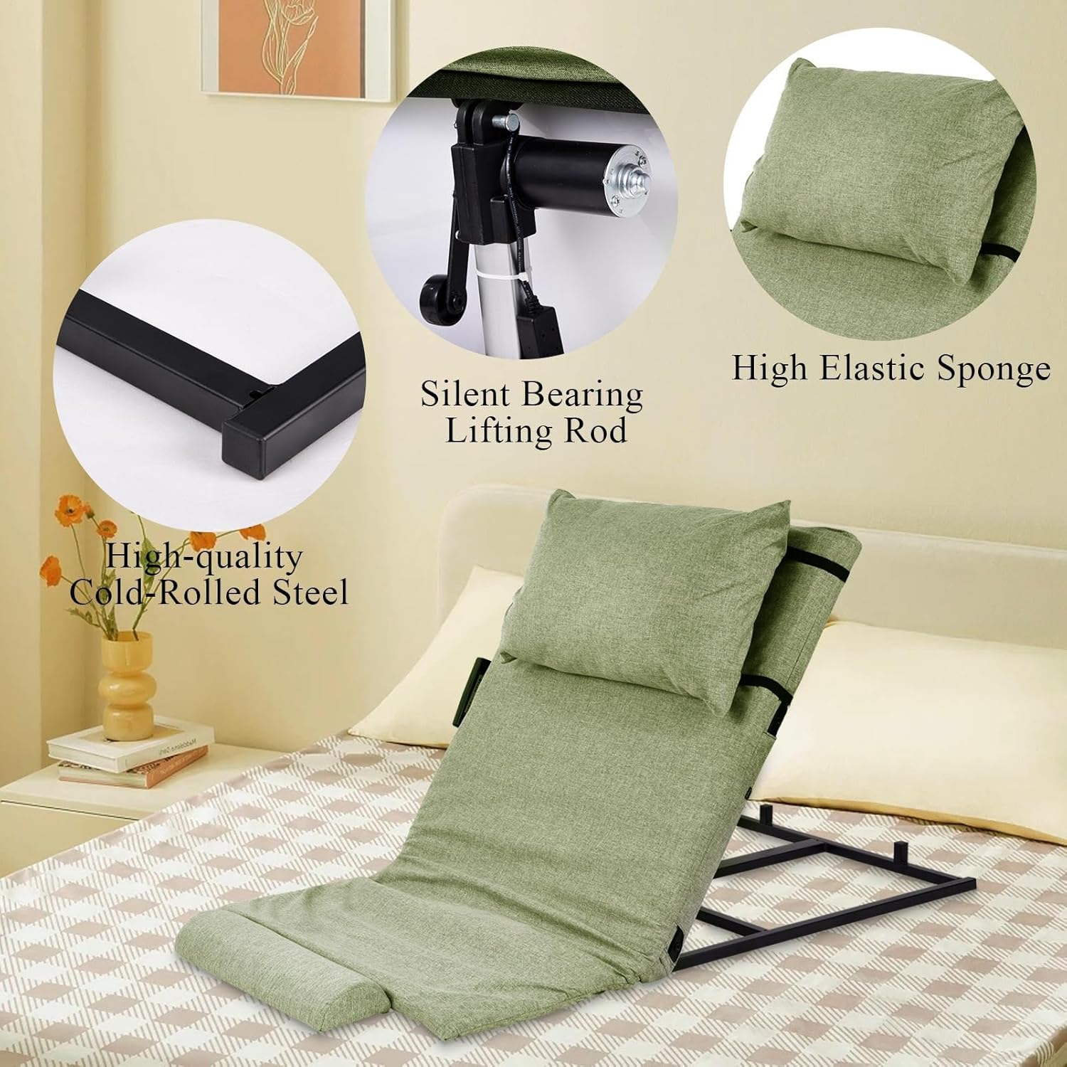 Electric Adjustable Bed Backrest – 2–80° Sit-Up Backrest Chair, Remote Control, Washable Cushion & Headrest, Heavy-Duty Carbon-Steel Frame, 440 lbs Support – Green
