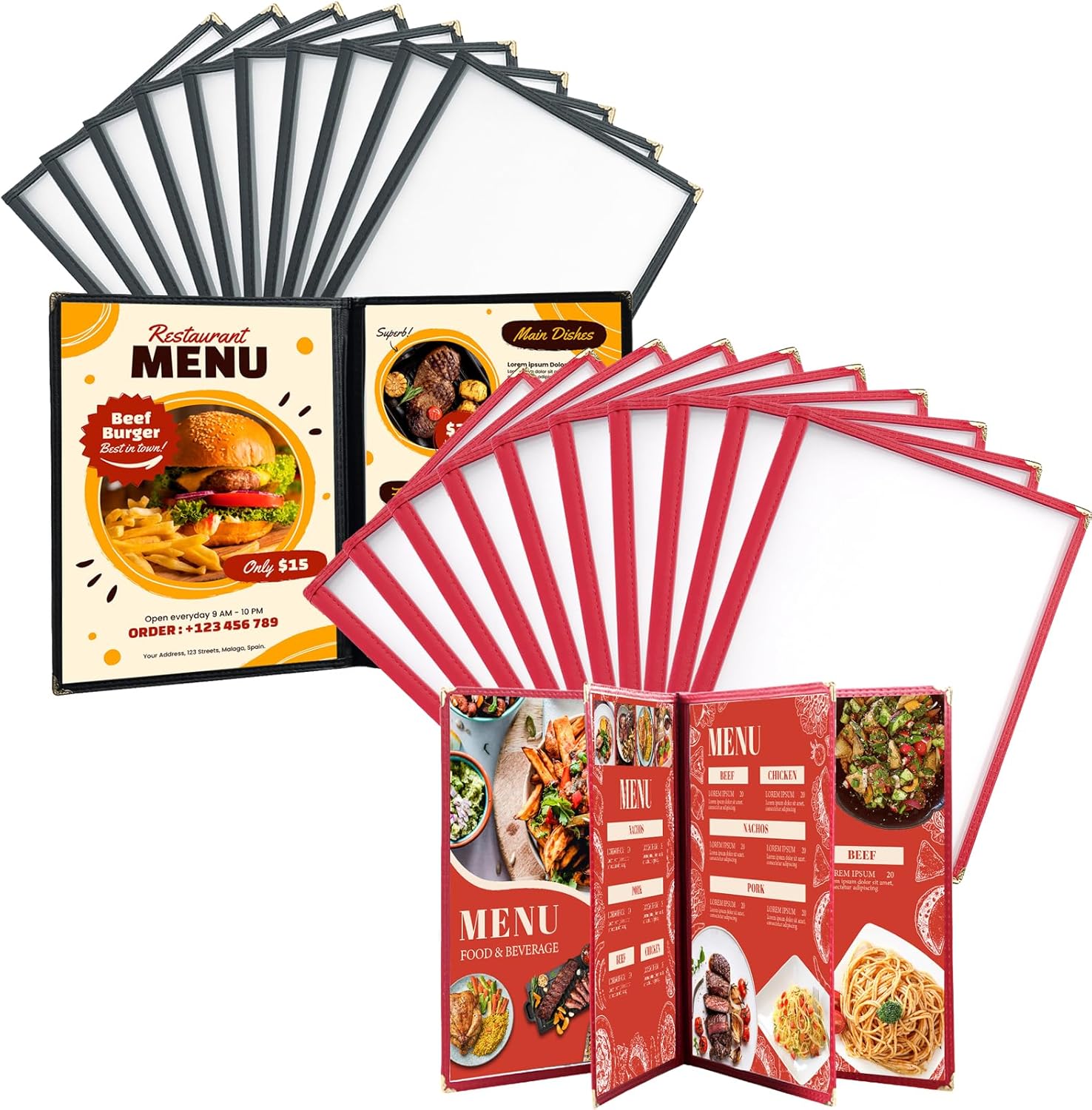 FLKQC Restaurant Menu Covers, Fits 8.5" x 11" Paper, Transparent Recipe Menu Covers Holders for Kitchen, Drink, Wine Menu Covers Burgundy (20, 8.5"x 11" (4 Page, 8 View & 2 Page, 4 View))