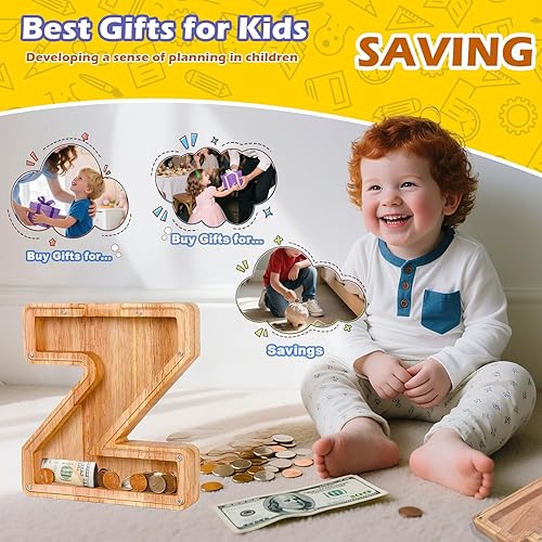 Miniatura 31 de Alcancía de madera con letras de madera, alcancía para niños y niñas, grande, 26 letras del alfabeto, banco de dinero personalizado con nombre