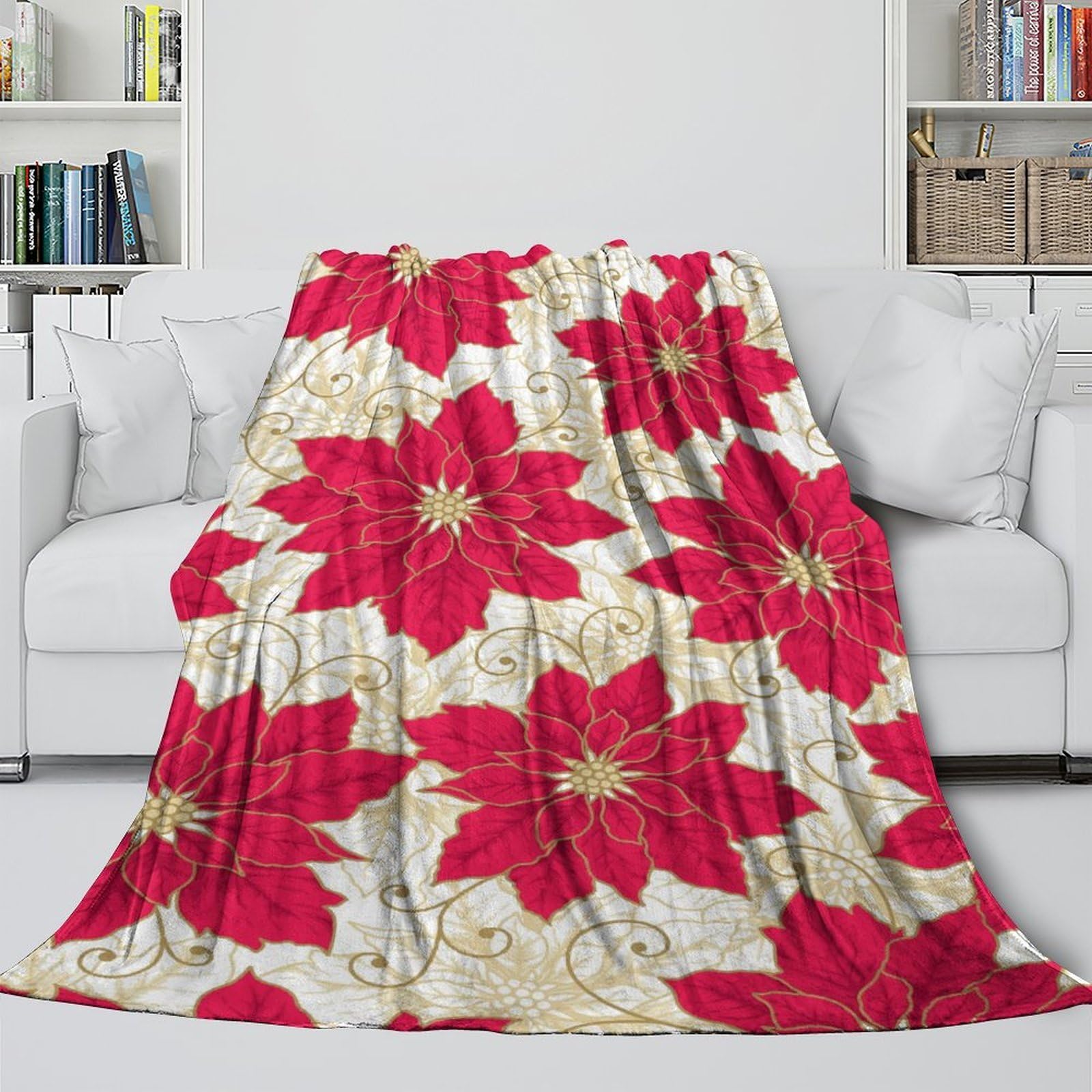 Manta de Navidad 3D Impresa Ponsettia Microfibra Decoración Hogar Manta Floral Navideña Suave Cálida para Sofá Dormitorio 60x80inch(150x200cm)