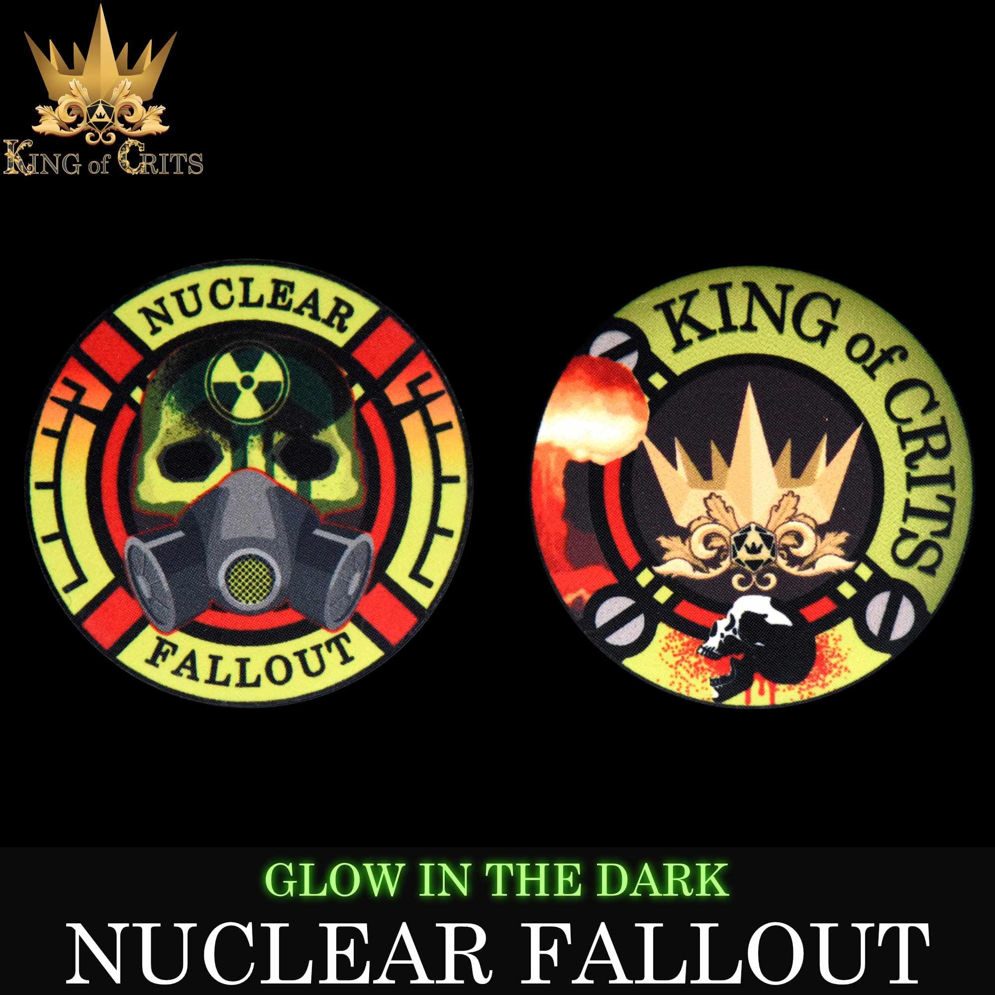 Nuclear Fallout - Juego de 11 dados poliédricos con temática de radiación que brilla en la oscuridad, diseño de nubes de hongos y contadores Geiger DND MTG