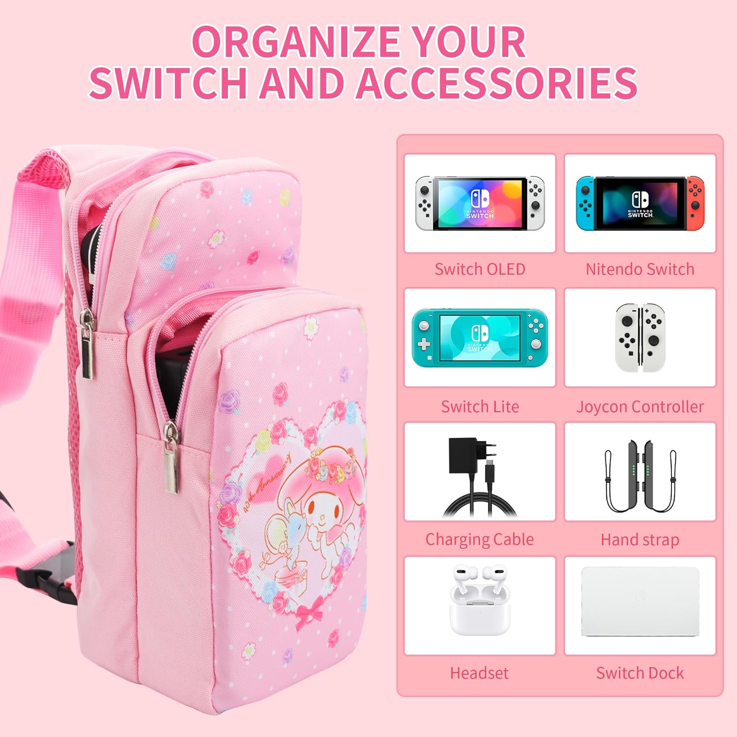 HYPERCASE Portable Cute Travel Bag for Nintendo Switch/OLED/Lite, Large Capacity Storage Waterproof Backpack Shoulder Bag Accessories for Switch Console, Charging Dock, Card Case, Fit for Men Women - Image 2