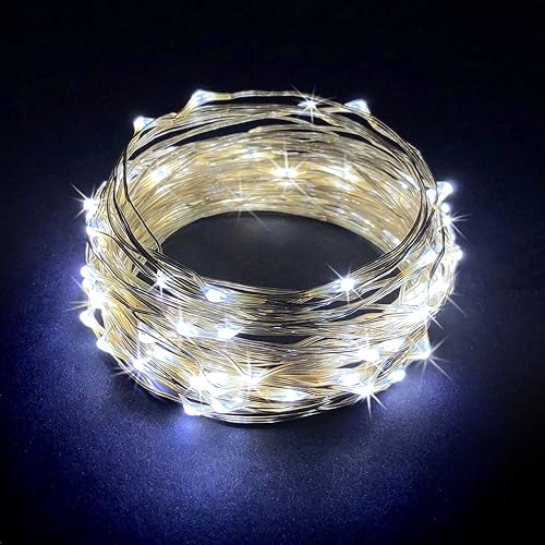 Miniatura 2 de Guirnalda de 100 luces LED de color blanco frío, cable plateado, para interiores y exteriores, 32 pies, luces estrelladas de luciérnaga para