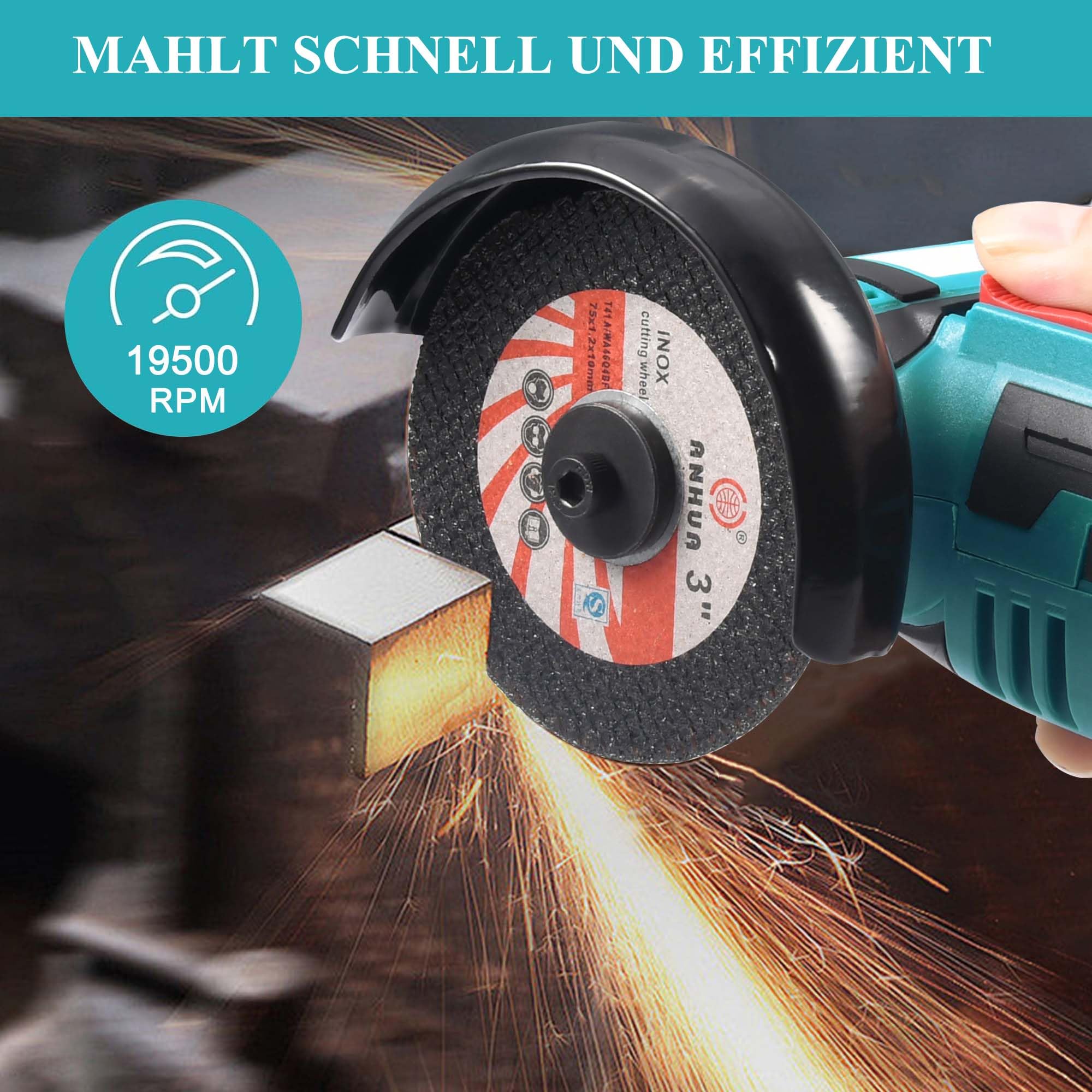 Mini Akku Winkelschleifer 12V, 76mm (3 Zoll) Bürstenloser Trennschleifer mit 2x 1500mAh Akku & 8 Scheiben, 19500 U/min Kabelloser Schneider, Elektrischer Multischleifer für Metall, Holz & Fliesen