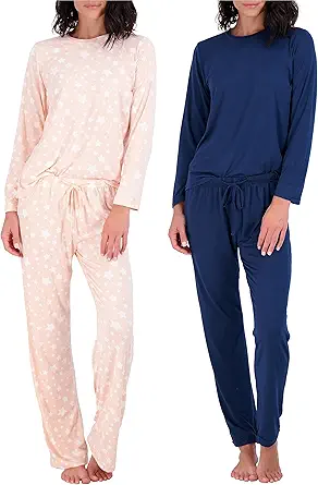 Real Essentials 2 Pack: Womens Pajama Set Super-Soft Short & Long Sleeve Top With Pants (Available In Plus Size)