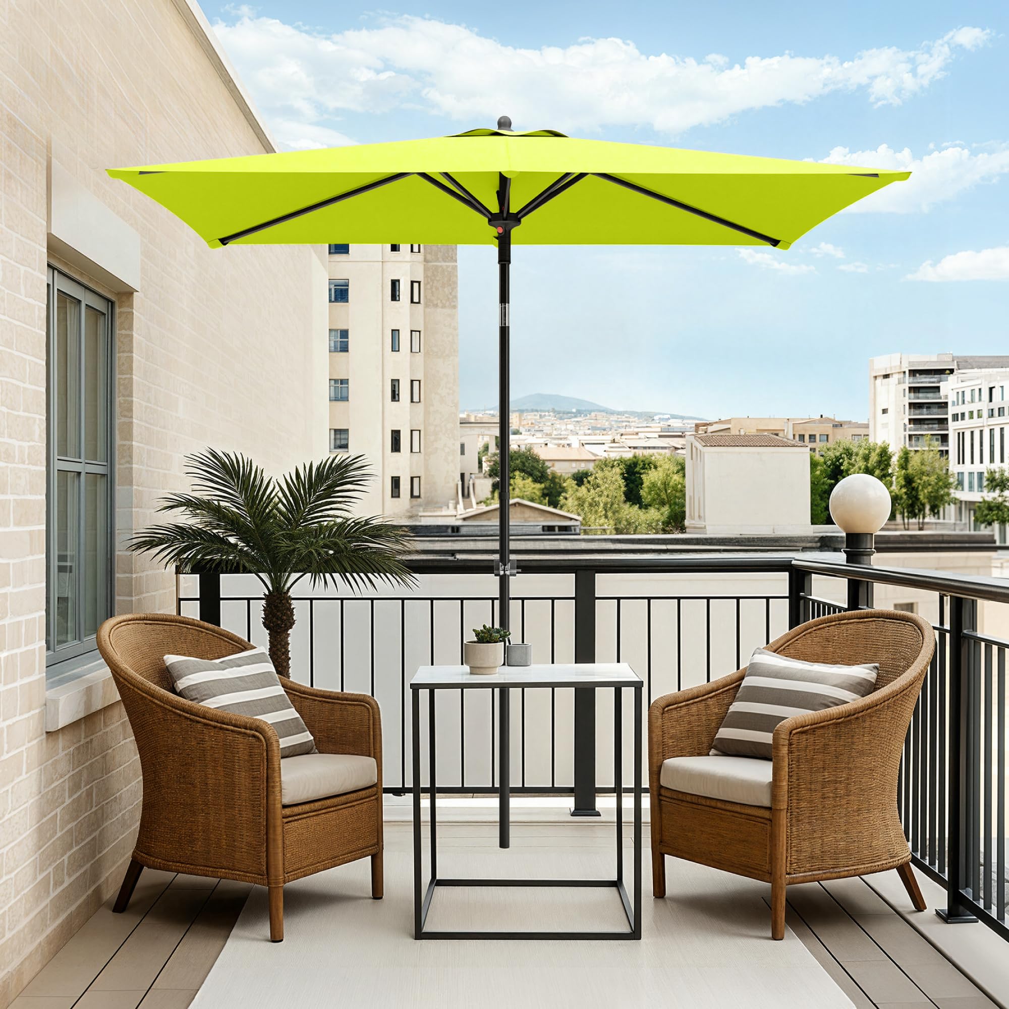 PHI VILLA Ombrellone rettangolare da giardino, 210 x 140 x 220 cm, con morsetto, inclinabile, antivento, stabile da trasportare, protezione UV50+, per balcone, terrazza, ringhiera, tavolo