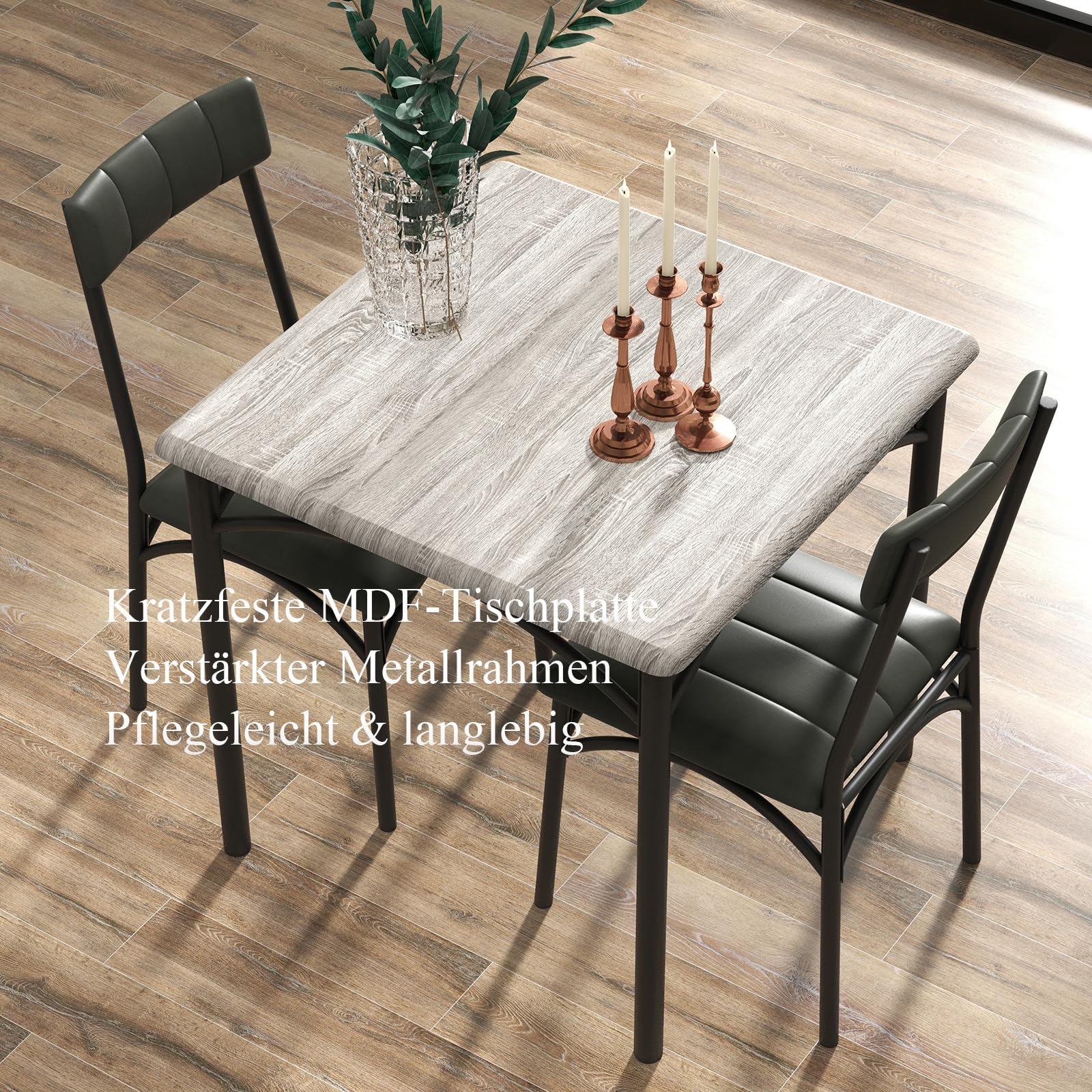 Essgruppen für 2 Personen, Kleiner Esstisch mit 2 Gepolsterten Stühlen, 3 Teiliges Küchentisch mi 2 Stühlen für Bistro, Küche, Wohnzimmer, Balkon, Restaurant - Grau