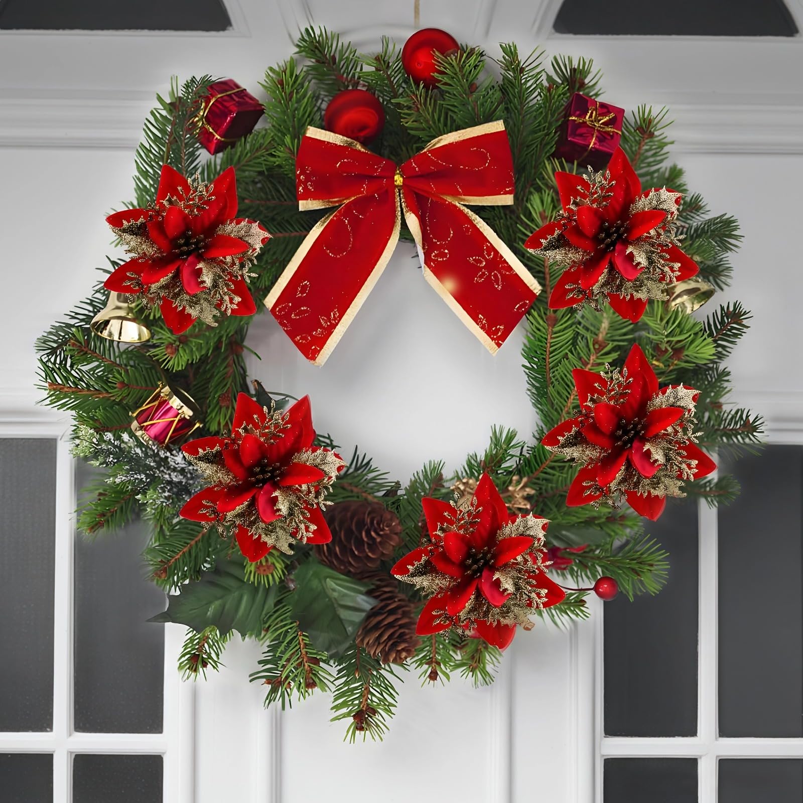 30 adornos de flor de Pascua roja con purpurina, flores artificiales de 5.5 pulgadas con hojas doradas, clips para árboles de Navidad, coronas, decoración navideña