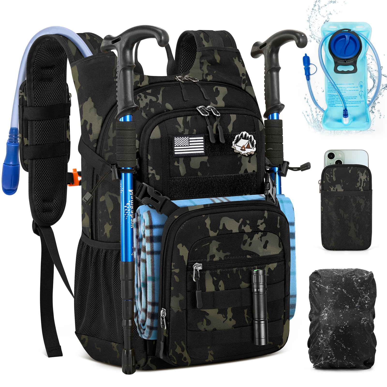 RAINSMORE Mochila Hidratación 18L con Bolsa Agua 2L y Funda Impermeable | Mochila Senderismo Ligera, Bolsa 2L, Sistema Molle, Tejido 900D, Ideal para BicicletaMontaña y Running