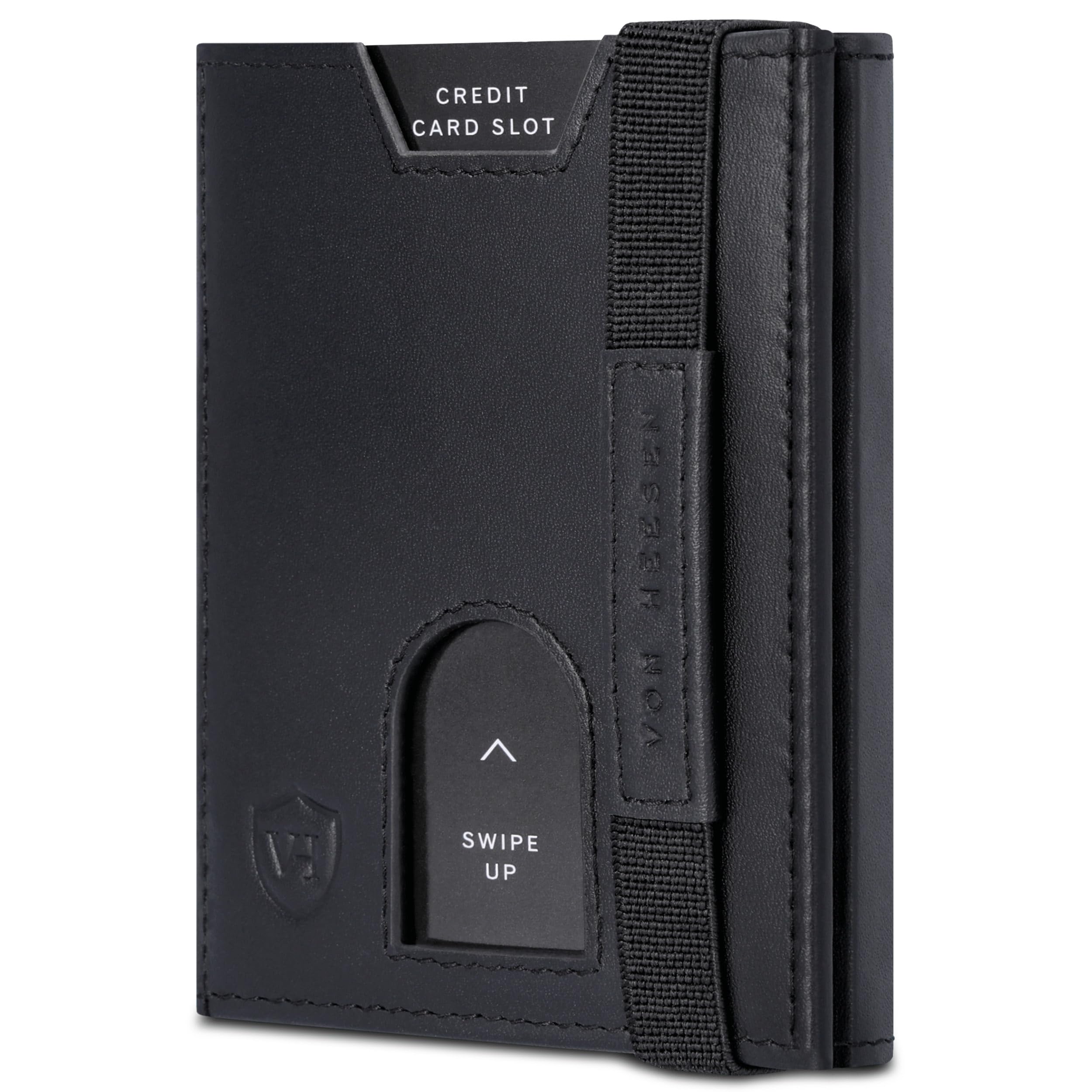 VON HEESEN Mini Kartenetui Mit Münzfach 5-10 Karten - RFID-Schutz - Leder Geldbörse für Damen Herren - Geldbeutel Männer klein - Portemonnaie Portmonaise Portmonee Slim Wallet (Schwarz Glatt)