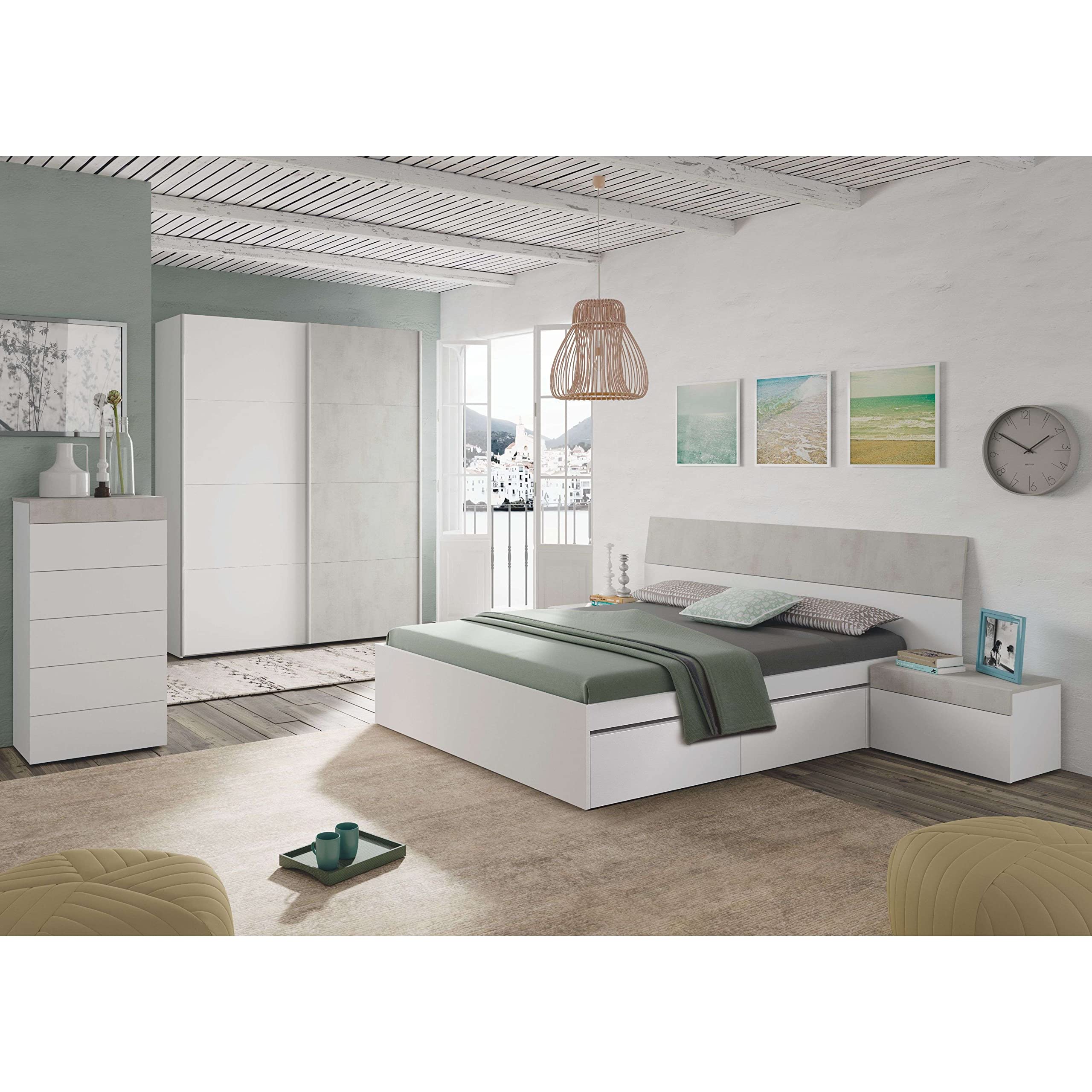 Miroytengo Conjunto Dormitorio Completo Habitación Principal Color Blanco Artik y Cemento (cabecero + 2 mesitas + Armario + Zapatero)