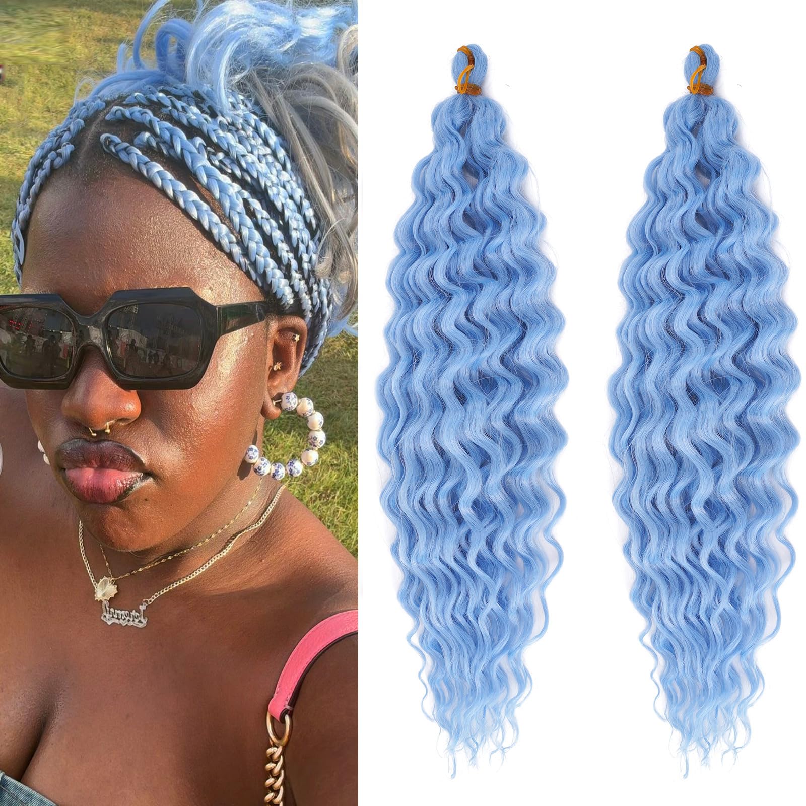Light Blue Boho Hair for Braiding Deep Ocean Wave Crochet Hair Curly Ocean Wave Wavy Braiding Hair for Black Women 16 Inch Bohemian Soft Curls for