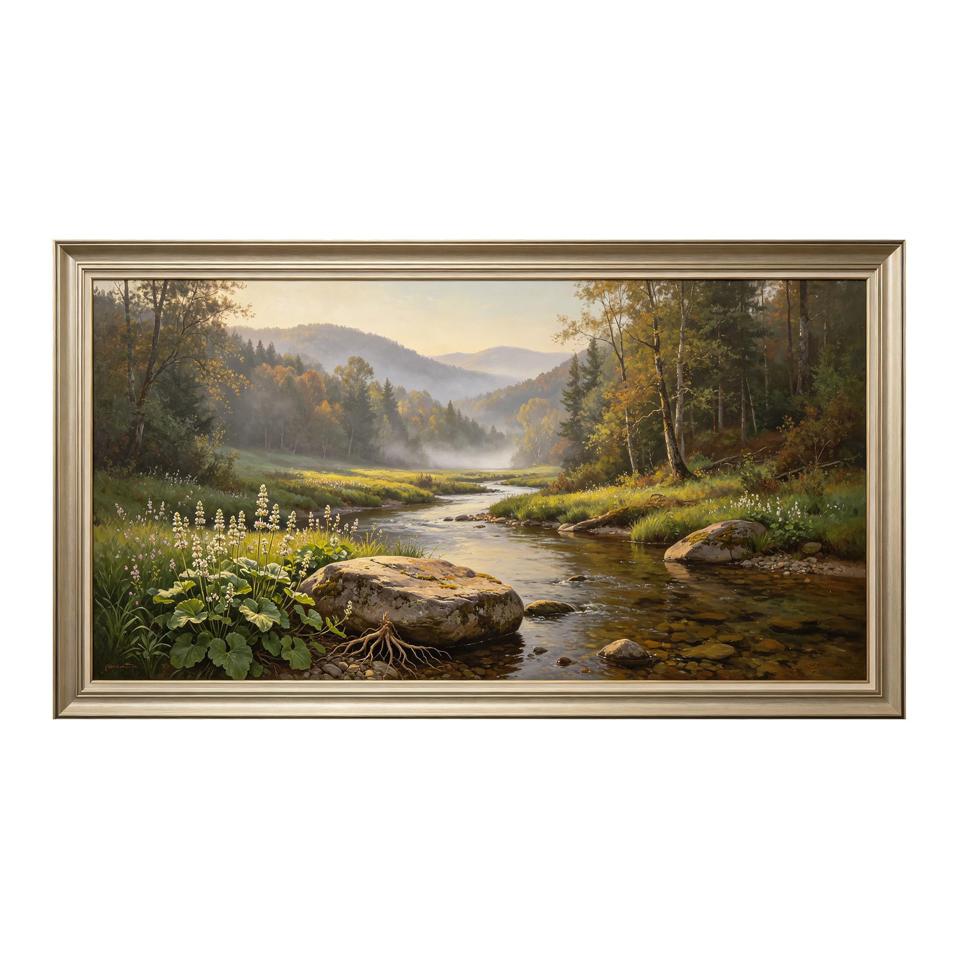Yzpallescene 3D Framed Wall Art 50cm×100cm Misty Mountain River Landscape Oil Painting Panoramic Realistic Large Size SelfAdhesive Removable Wall Decor Prints Artwork for Living Room Bedroom Office