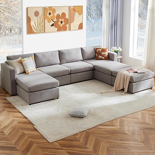 Sweetcrispy Convertible Modular Sectional Sofa, 7 Seat Sectional Couches for Living Room, U-Shaped Modern Fabric Modular Sofa Sleeper with Double Chaise for Home, Apartment, Dorm, Grey