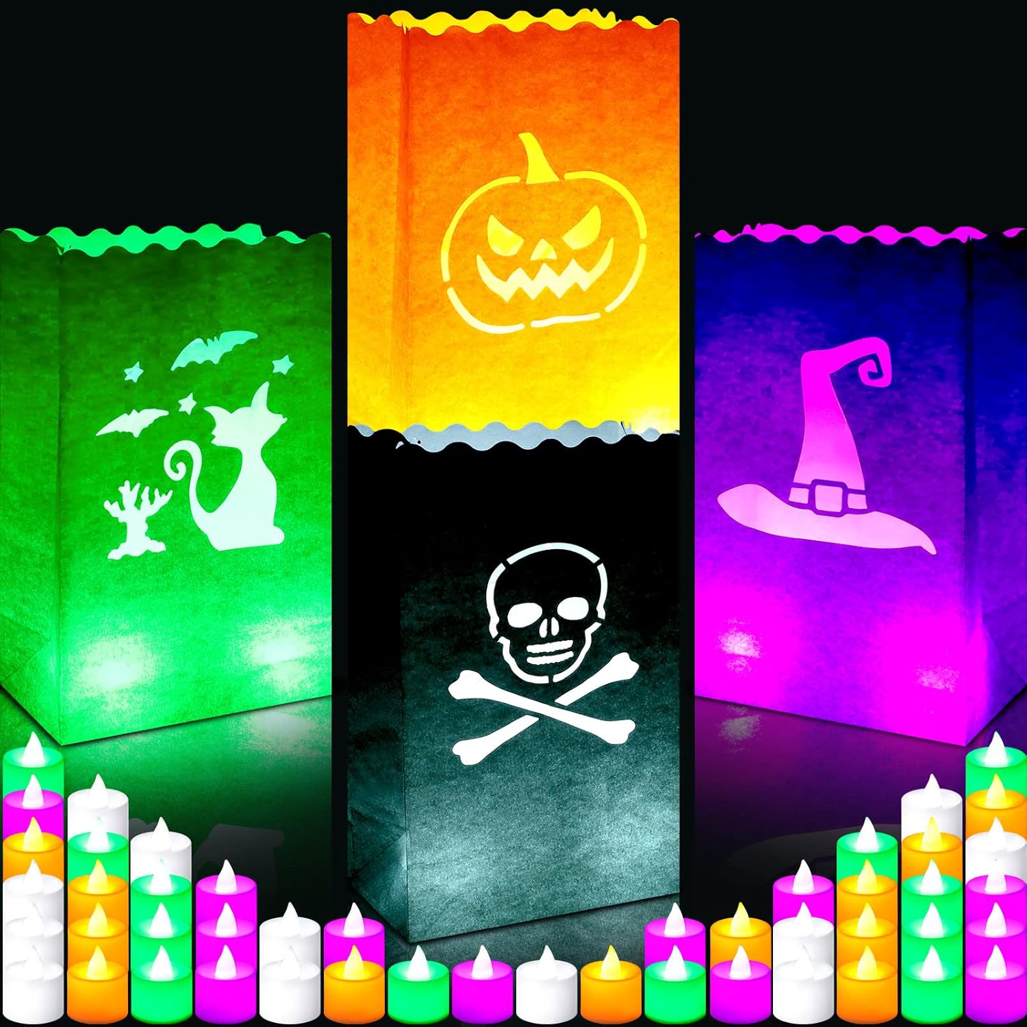 Meanplan 48 Pcs Halloween Luminary Bags with LED Light