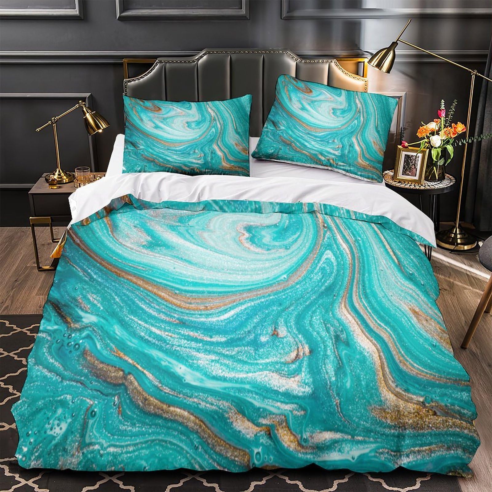 MMDASBVPE Turquoise Swirls Duvet Cover 3D Design Printed Hypoallergenic 3 Pieces Bedding Set Zipper Comforter Cover Ultra Soft Breathable for Teens Kids Girls Boys Women Adults Double（200x200cm）