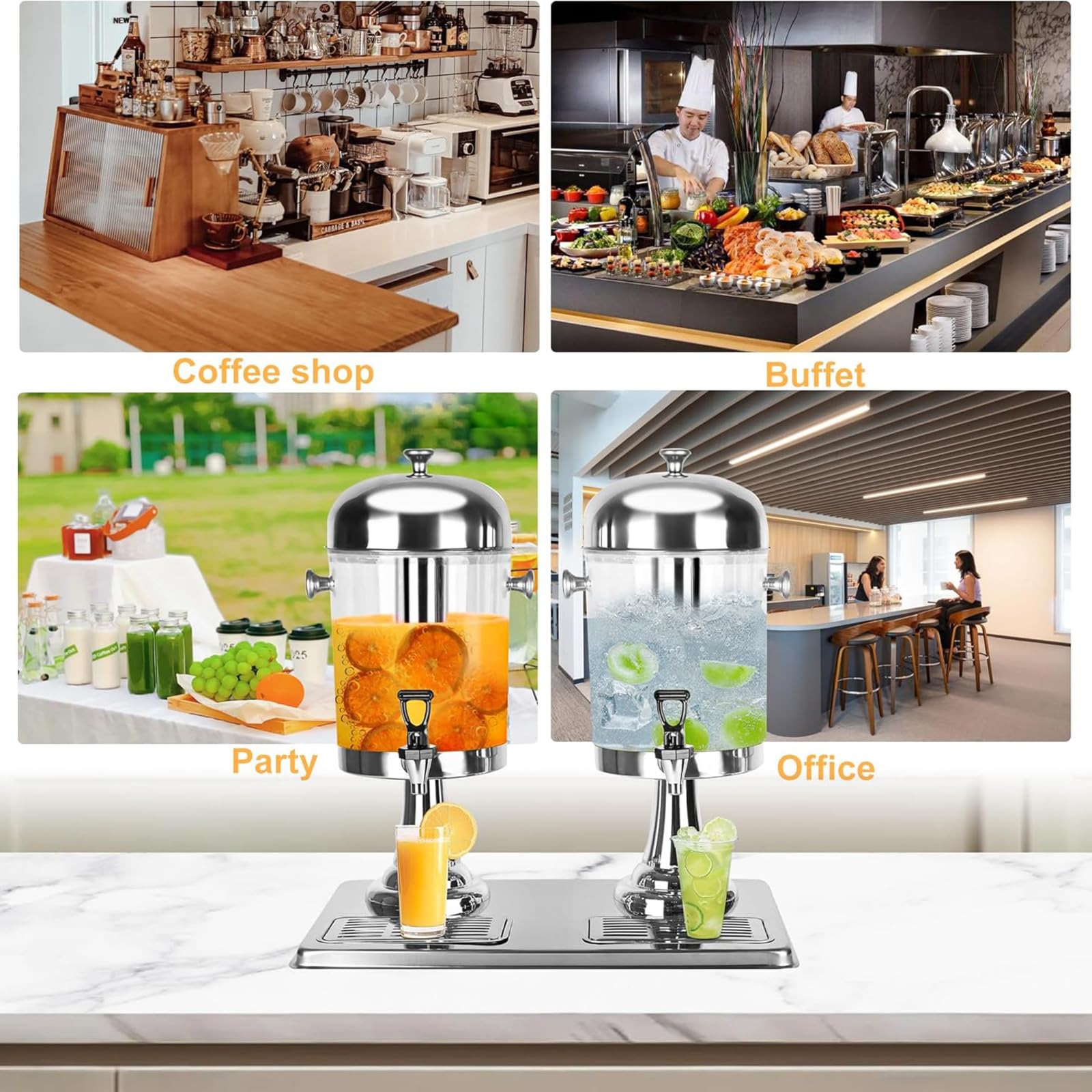 Dispensador de bebidas con grifo, capacidad de 16 L, dispensador de bebidas frías y calientes de acero inoxidable para fiestas, bufés, cafeterías, hogares, incluye bandeja de goteo