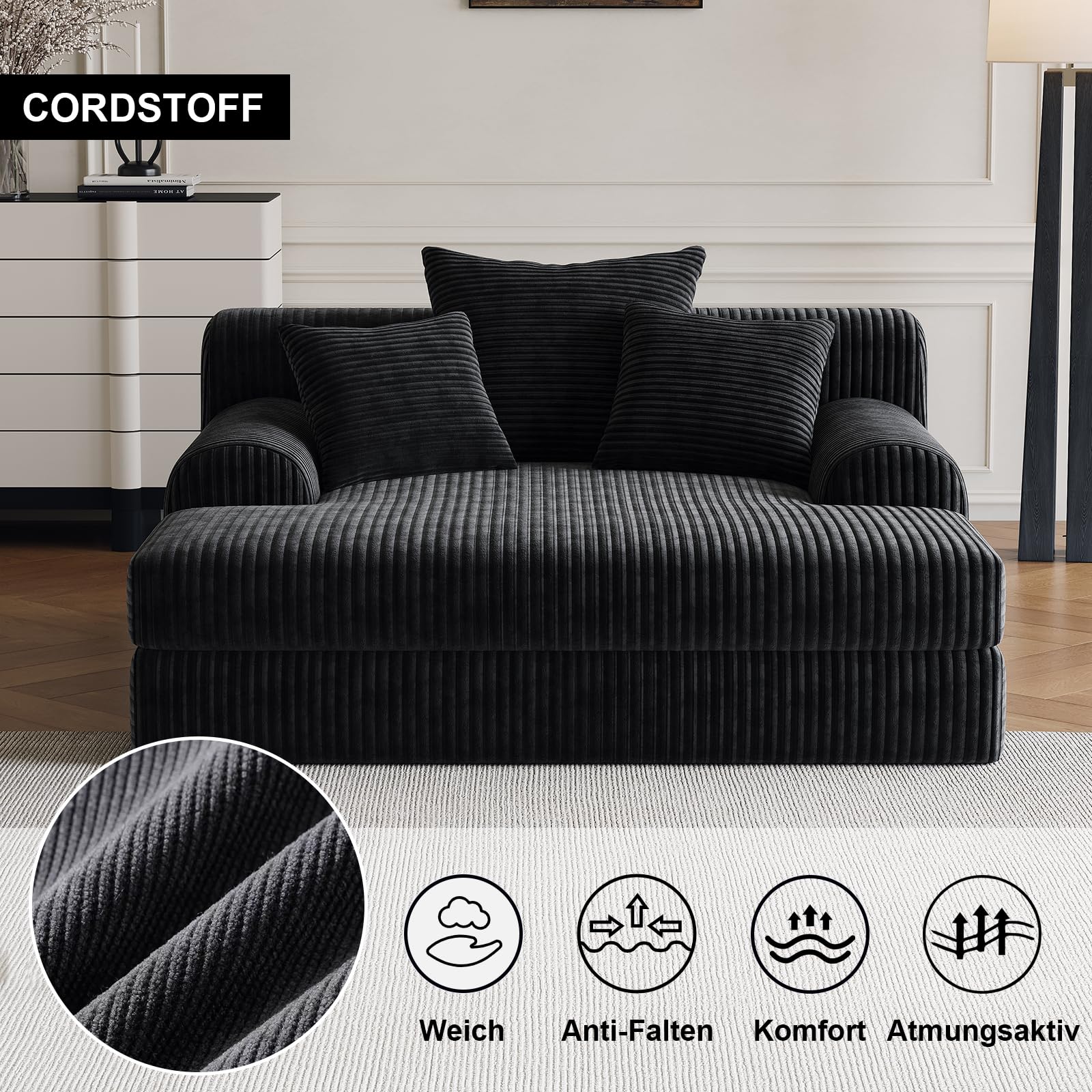 Sofá Moderno de Pana con función de sofá Cama y Chaise Longue, sofá en la Nube con 3 Cojines, cómodo Asiento para Sala de Estar en Negro, sin Montaje