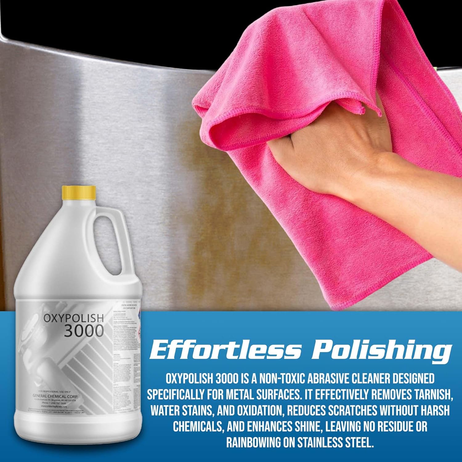 OxyPolish 3000 - Metal Stain and Oxidation Remover, for Stainless Steel, Aluminum, Chrome, Removes Water Stains, Oxidation, Corrosion with Minimal Effort, Heavy-Duty Cleaner and Restorer - 1 Gallon