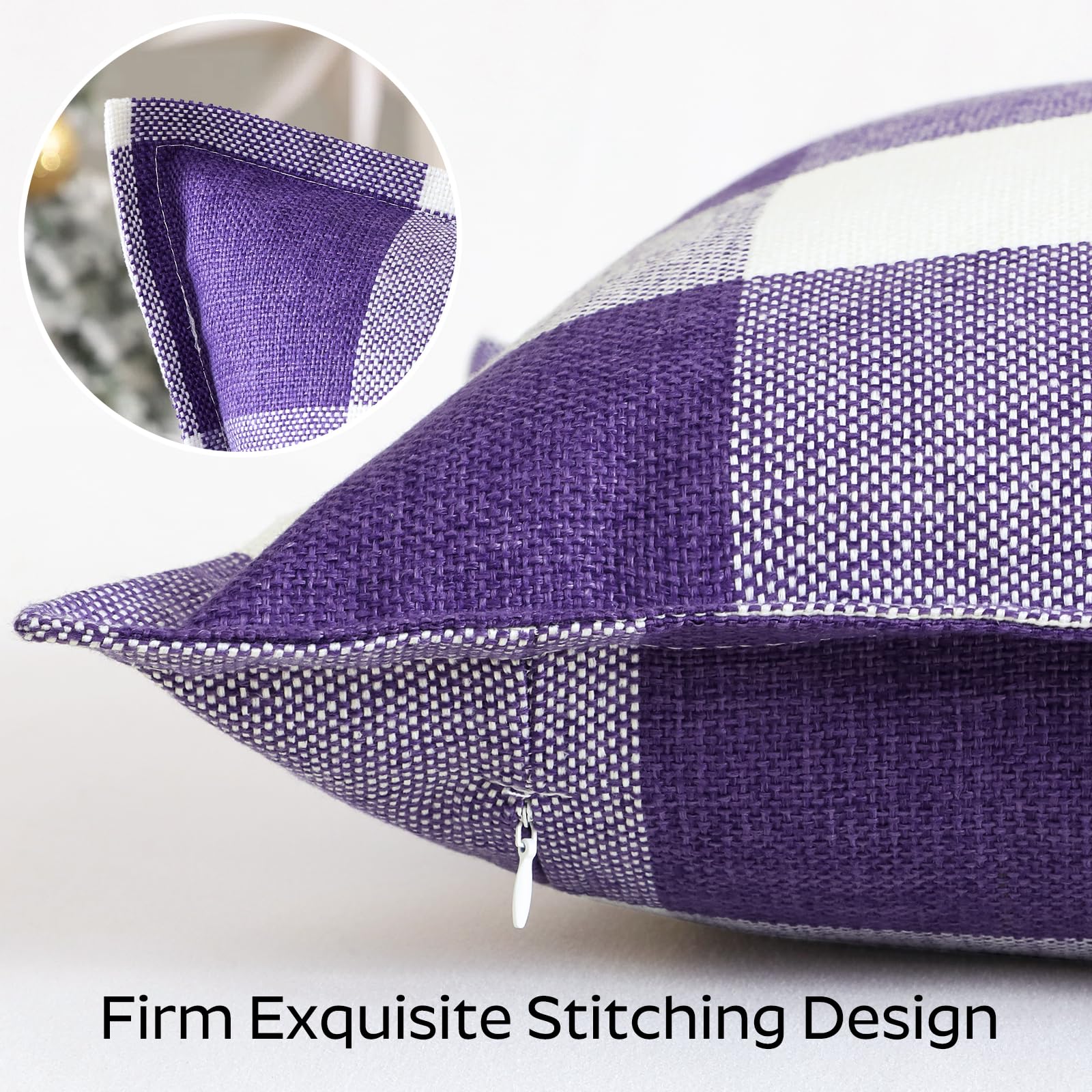 Sungeek Buffalo Check Plaid Cushion Covers 60 x 60 Set of 2 Linen Christmas Tartan Decorative Square Pillow Covers with Stitched Edge for Sofa Couch Bed Living Room 24x24 Inch (Purple) - Image 4