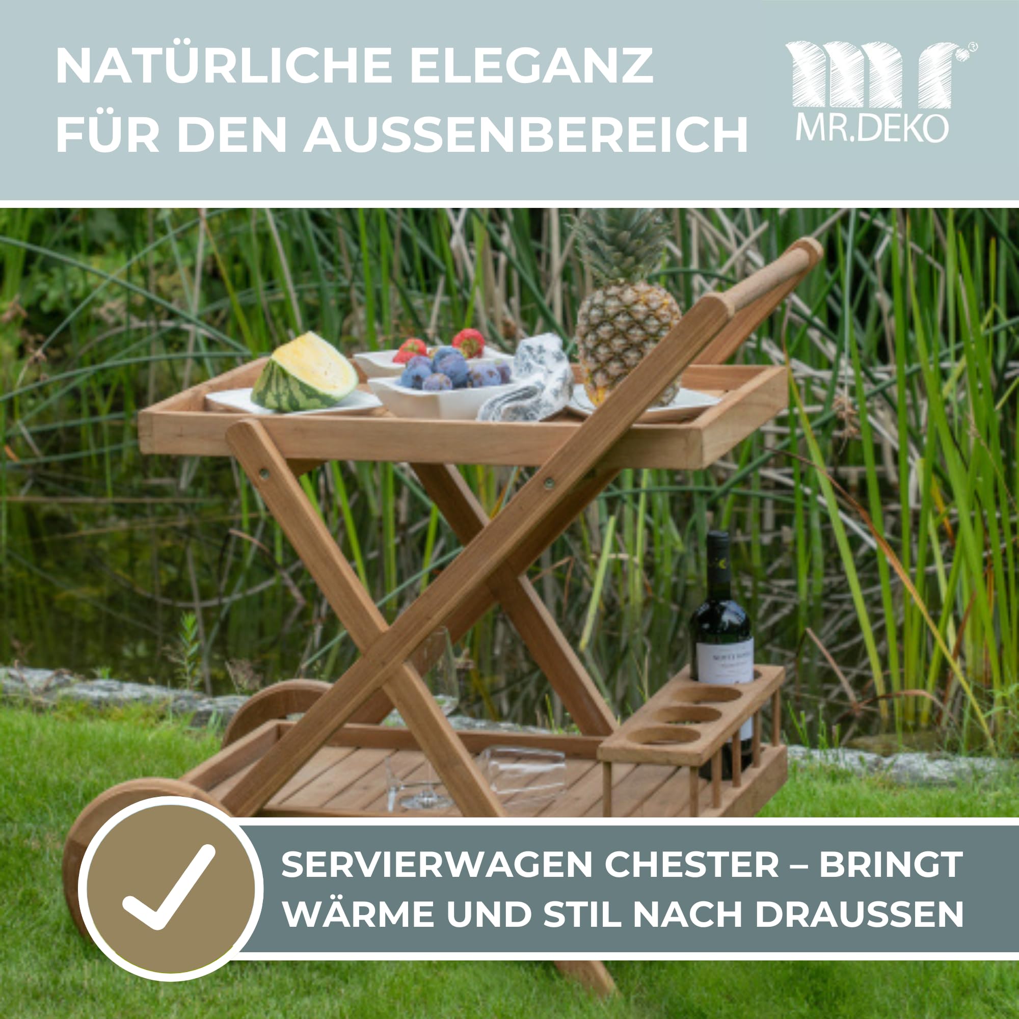 MR. DEKO® Carrello da portata Chester in teak – Tavolo da giardino – Mobili da esterno