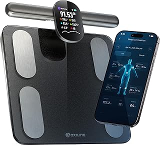 Oxiline Scale MD Pro, 8 Echo MD Electrodes, Scale for Body Weight and Fat, BMI, Muscle Mass 31 Body Composition Measurement, OLED Screen on Retractable Handle
